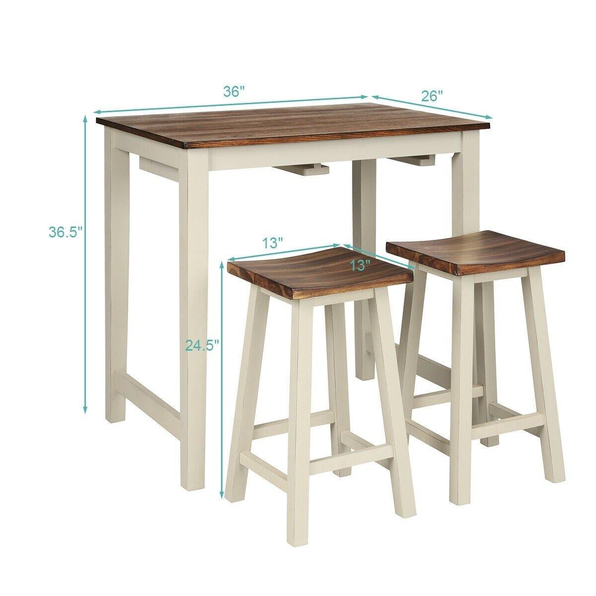 3 Piece Pub Dining Set, Counter Height Pub Table with 2 Saddle Bar Stools, Tavern Collection Table (Brown & Milky White) - Giantexus