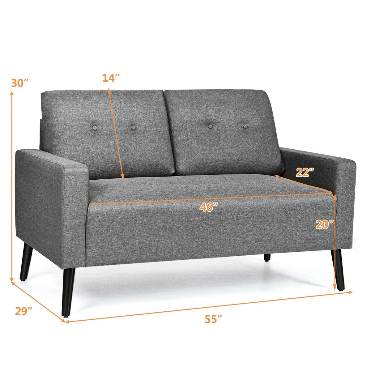 Giantex Modern Loveseat Sofa, 55" Upholstered Sofa Couch w/ Soft Cushion, Rubber Wooden Legs (Gray)