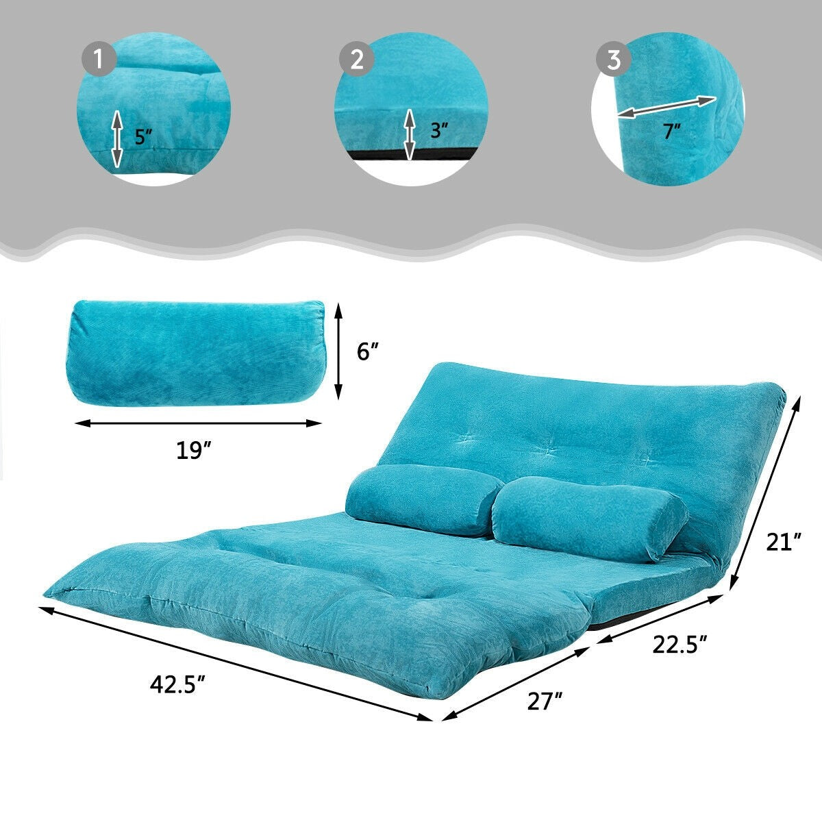 Adjustable Floor Sofa Couch with 2 Pillows, Multi-Functional 6-Position Foldable Lazy Sofa Sleeper Bed