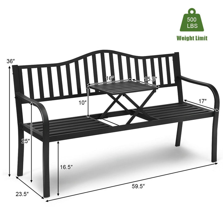 Giantex Patio Bench w/ Pullout Middle Table, Outdoor Benches2-3 Person, Metal Benches for Outside (Black)