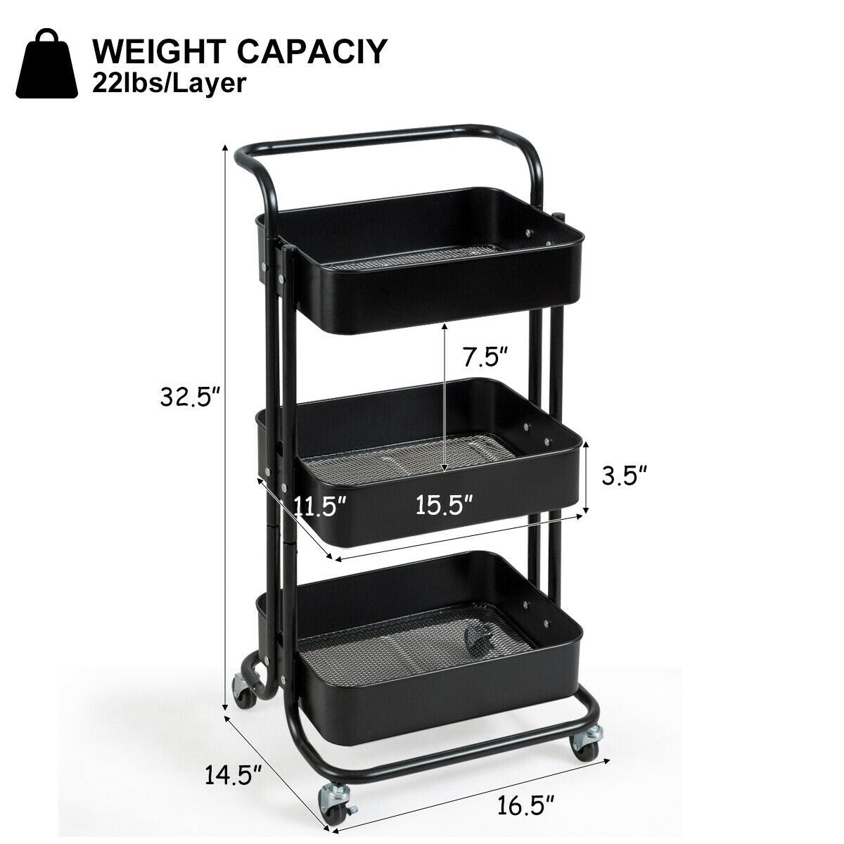 Giantex 3-Tier Rolling Cart, Lockable Casters and 3 Mesh Storage Baskets