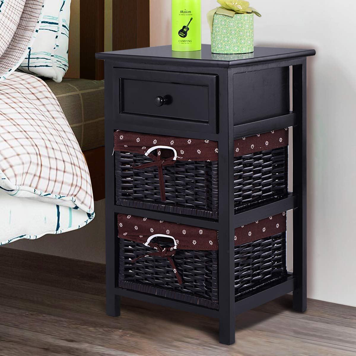 Giantex Wooden Nightstand 3 Tiers W/ 2 Baskets and 1 Drawer Bedside Sofa Storage Organizer