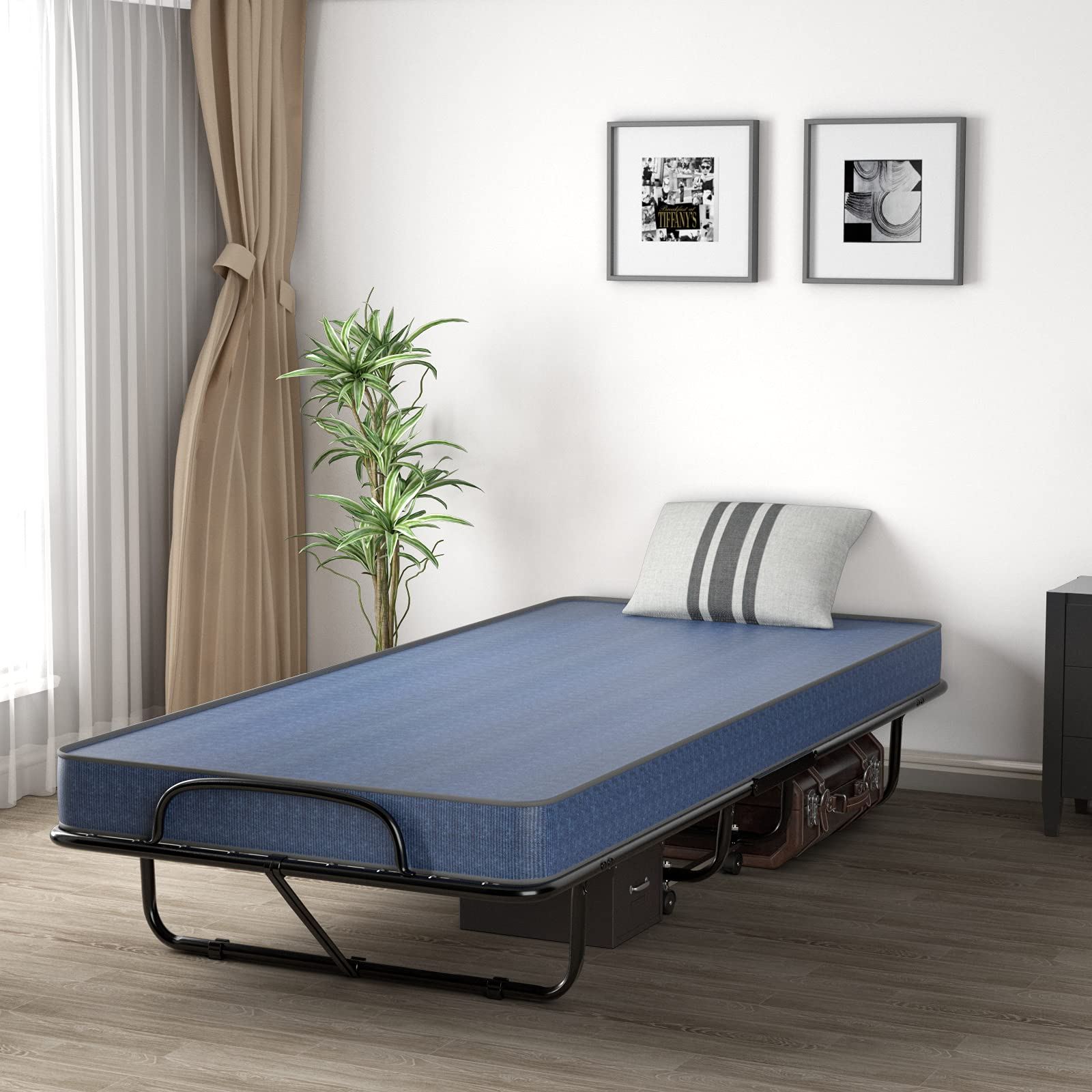 Giantex Rollaway Folding Bed w/Mattress for Adults, 79 x 39 Inch Twin Portable Foldable Guest Bed w/Sturdy Metal Frame