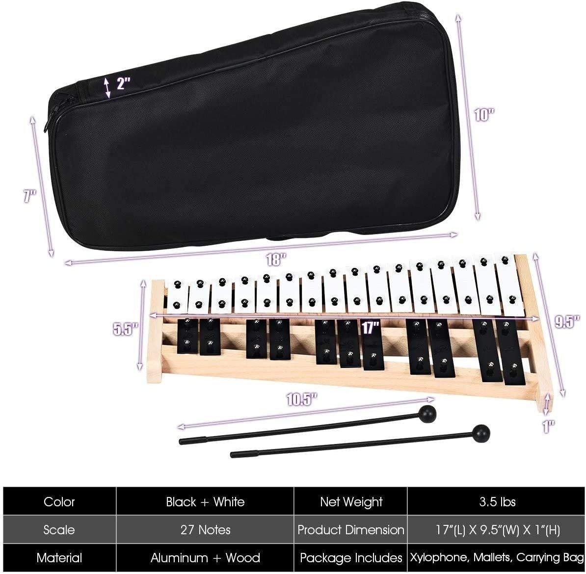 27 Note Glockenspiel Xylophone, Percussion Instrument with Wood Base - Giantexus