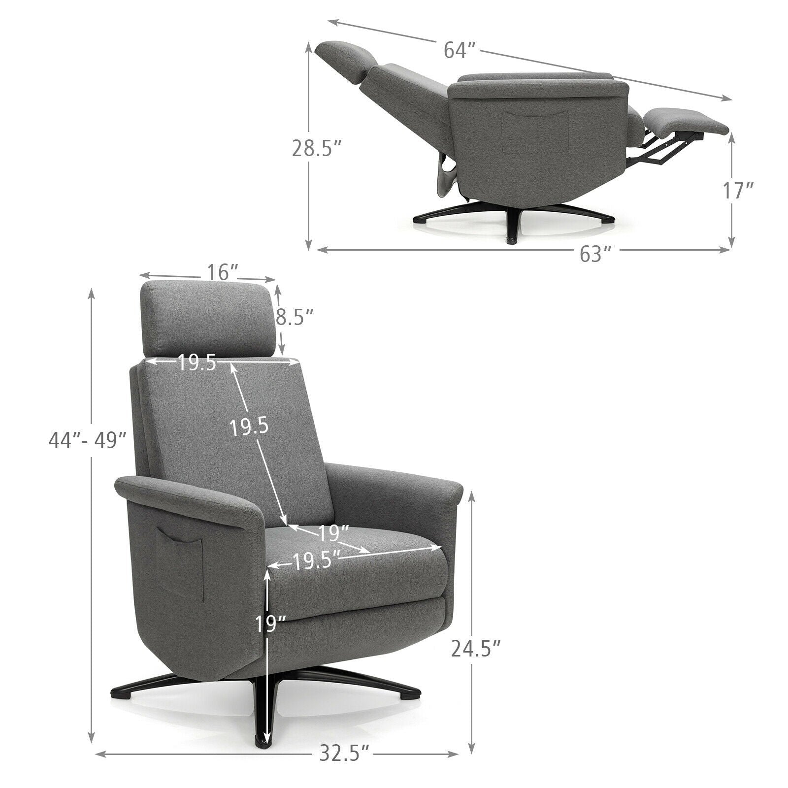 Recliner Chair with Vibration Massage, 360 Degree Swivel Reclining Sofa Chair, Adjustable Headrest & Footrest
