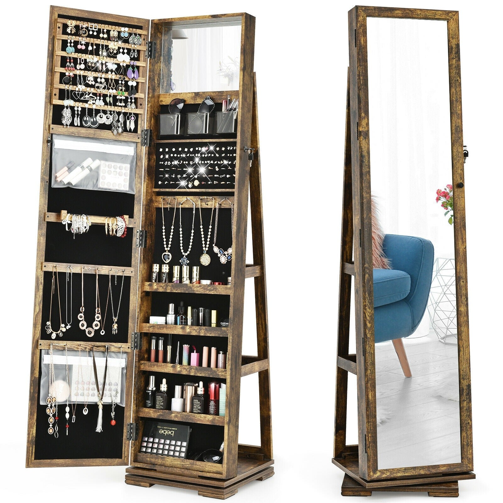 CHARMAID | 360-degree Rotating Jewelry Armoire with Higher Full Length Mirror - Giantexus