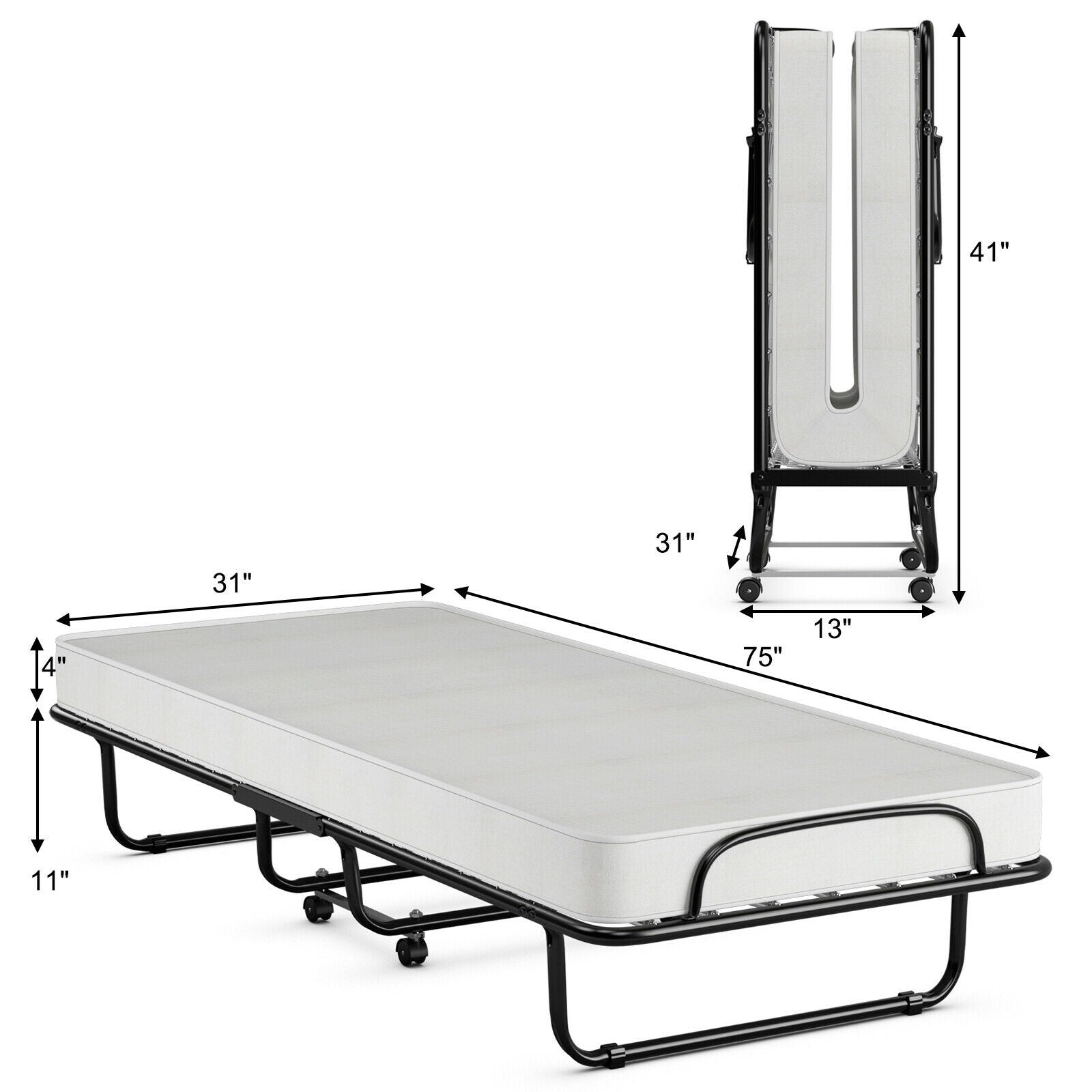 Rollaway Folding Bed with 4 Inch Mattress