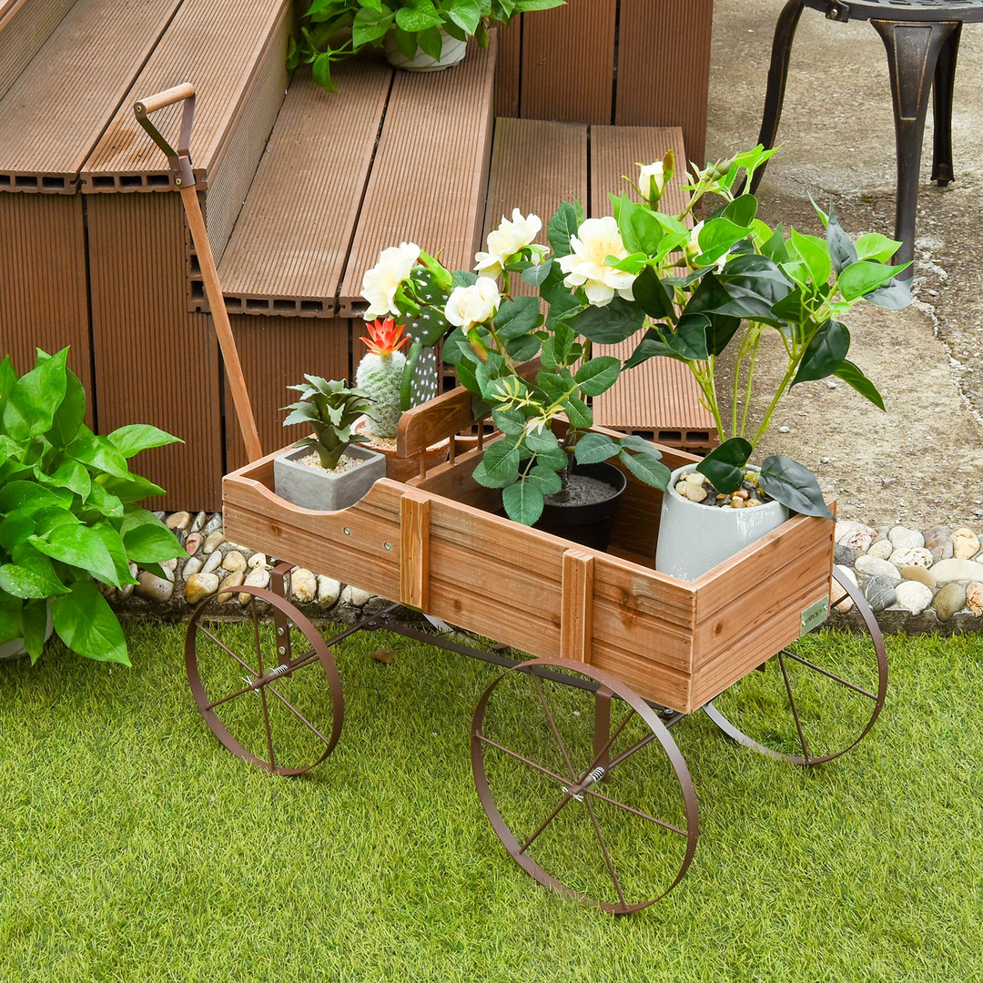 Giantex Decorative Garden Planter, Small Wagon Cart with Metal Wheels, Wood Raised Beds Plant Pot Stand for Backyard Garden Patio 24.5"x13.5"x24"