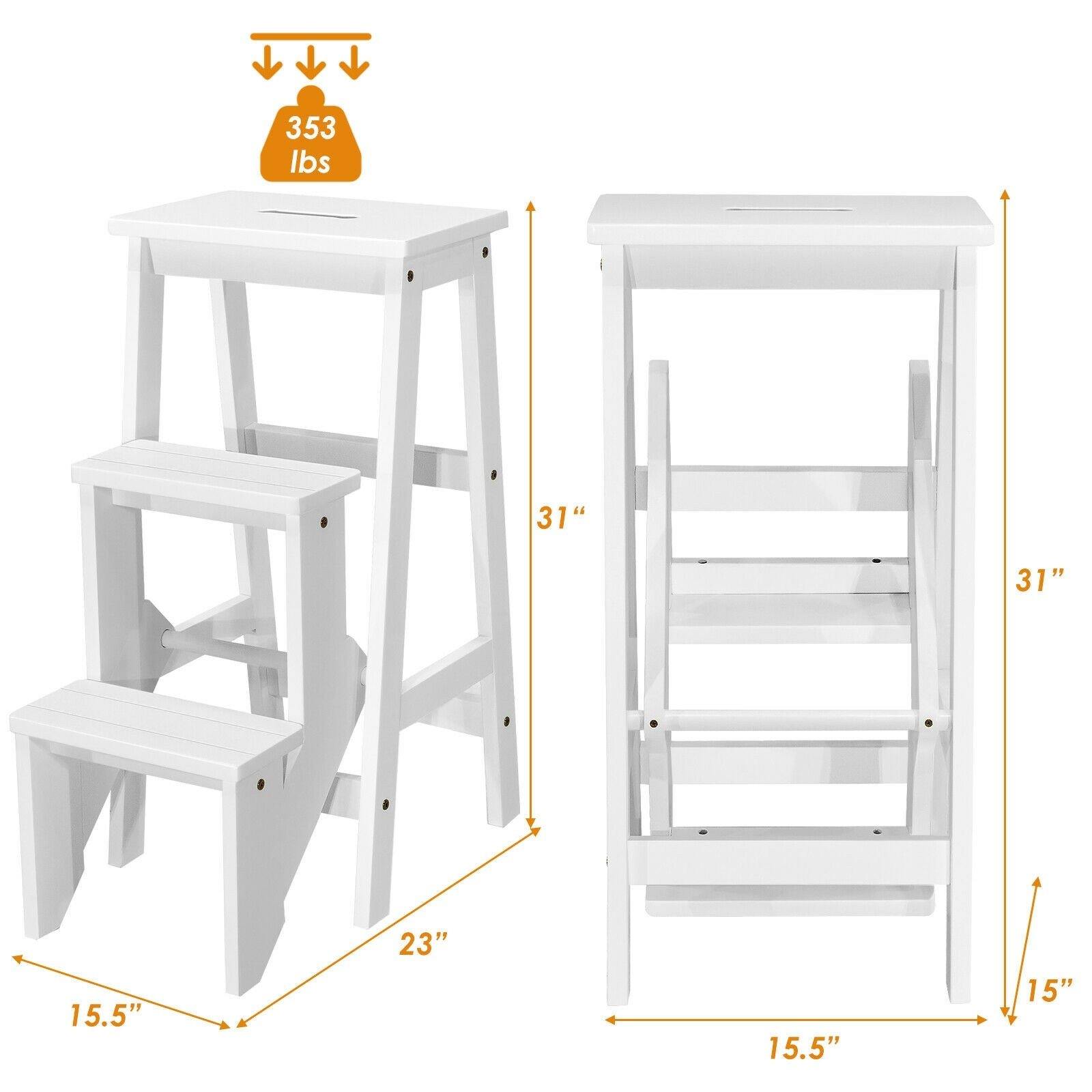 3 Tier Folding Step Ladder, Multifunction 3-in-1 Wood Step Stool - Giantexus
