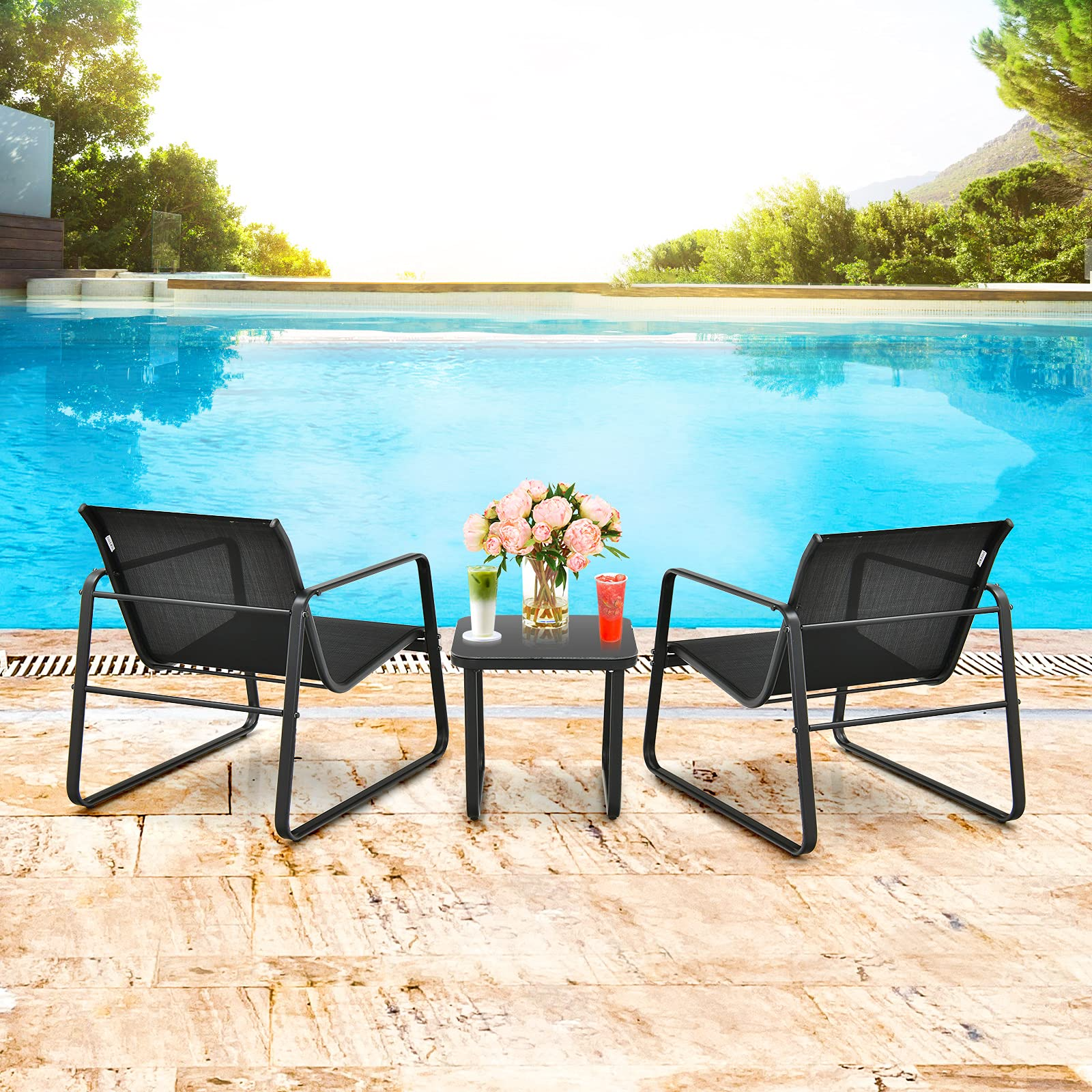 Giantex 3 Pieces Patio Furniture Set, Outdoor Bistro Set with Rustproof Steel Frame