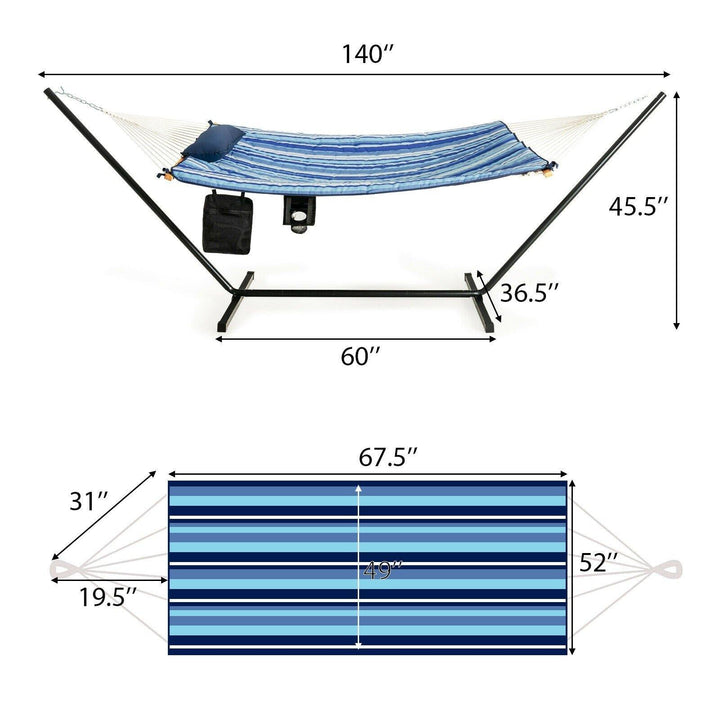 12Ft Hammock with Stand, 2 Person Heavy-Duty Steel Hammock Stand, 450 lbs Capacity (Blue and Beige Striped) - Giantexus