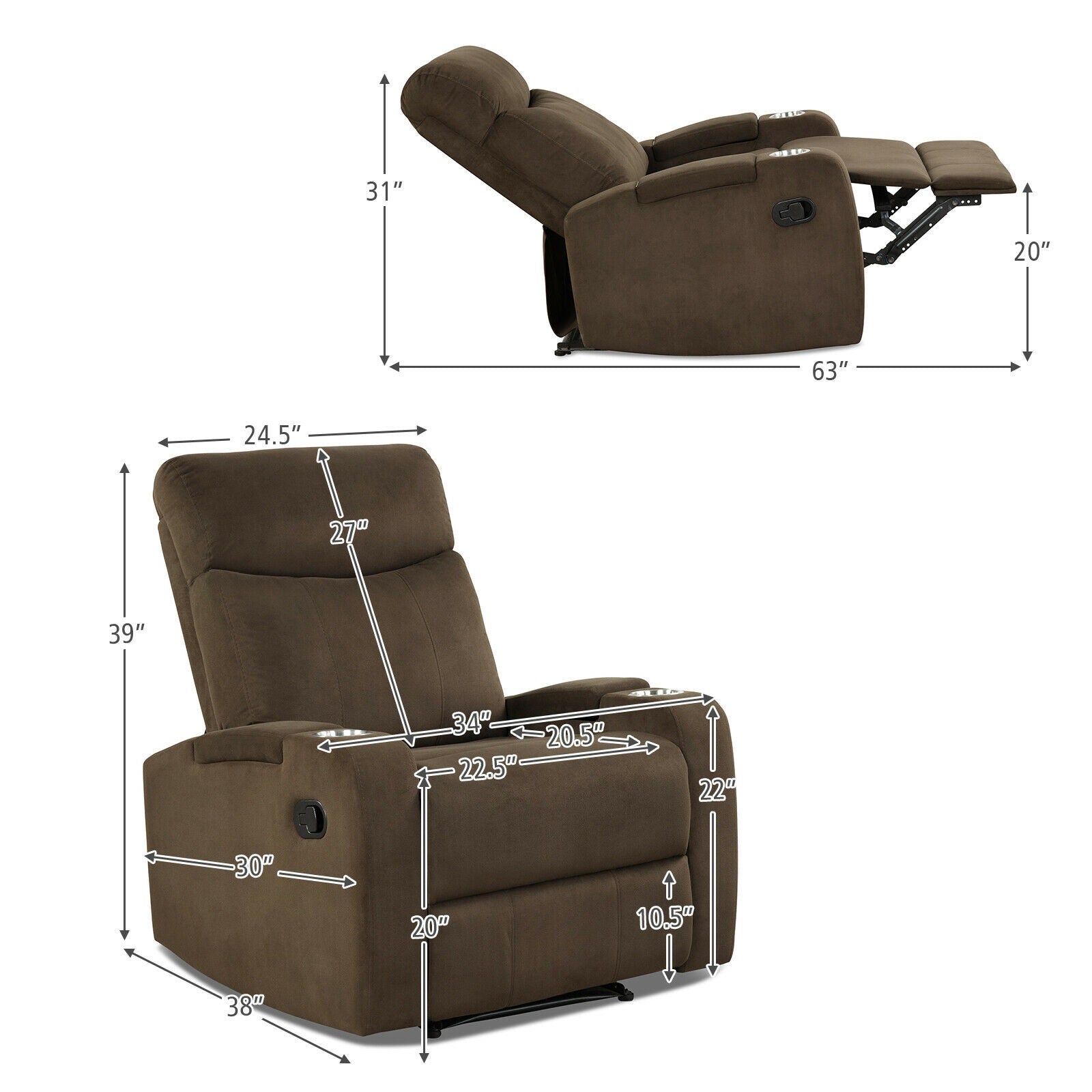 Recliner Chair with Cup Holders, Fabric Reclining Chair Manual Recliner Chair