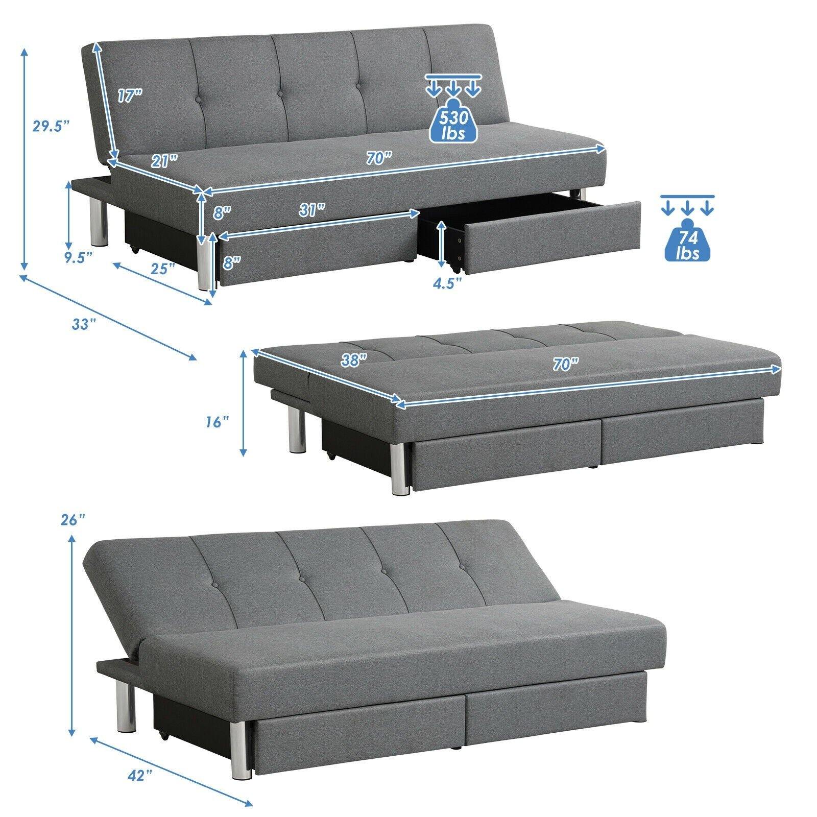 3-Seat Convertible Sofa Bed,Long Sofa w/ 2 Large Drawers, Ergonomic Sleeper w/ 3 Adjustable Angles - Giantexus