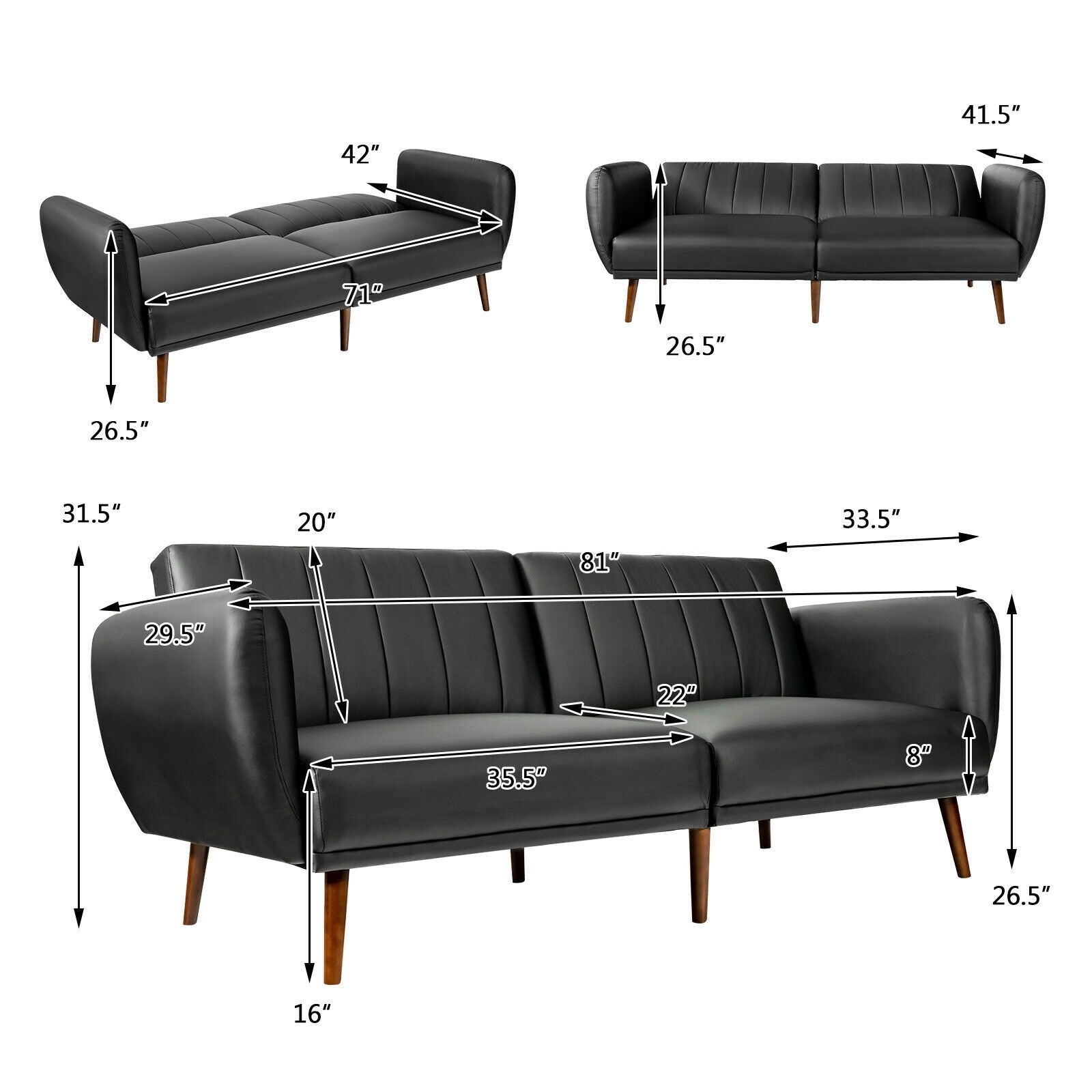 Giantex 3 Seat Sofa Bed, Convertible Futon Sofa,  Adjustable Backrest, Foldable Couch Sleeper with Armrest (Black)