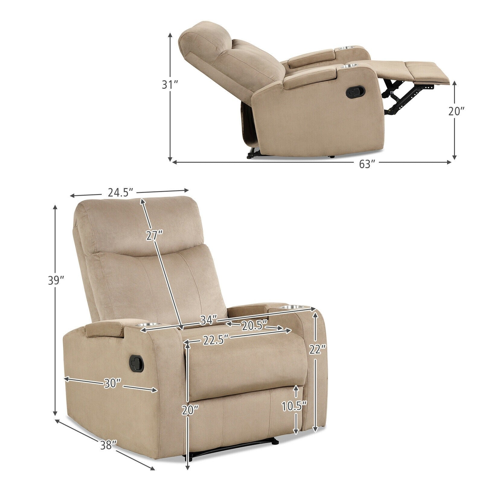 Recliner Chair with Cup Holders, Fabric Reclining Chair Manual Recliner Chair