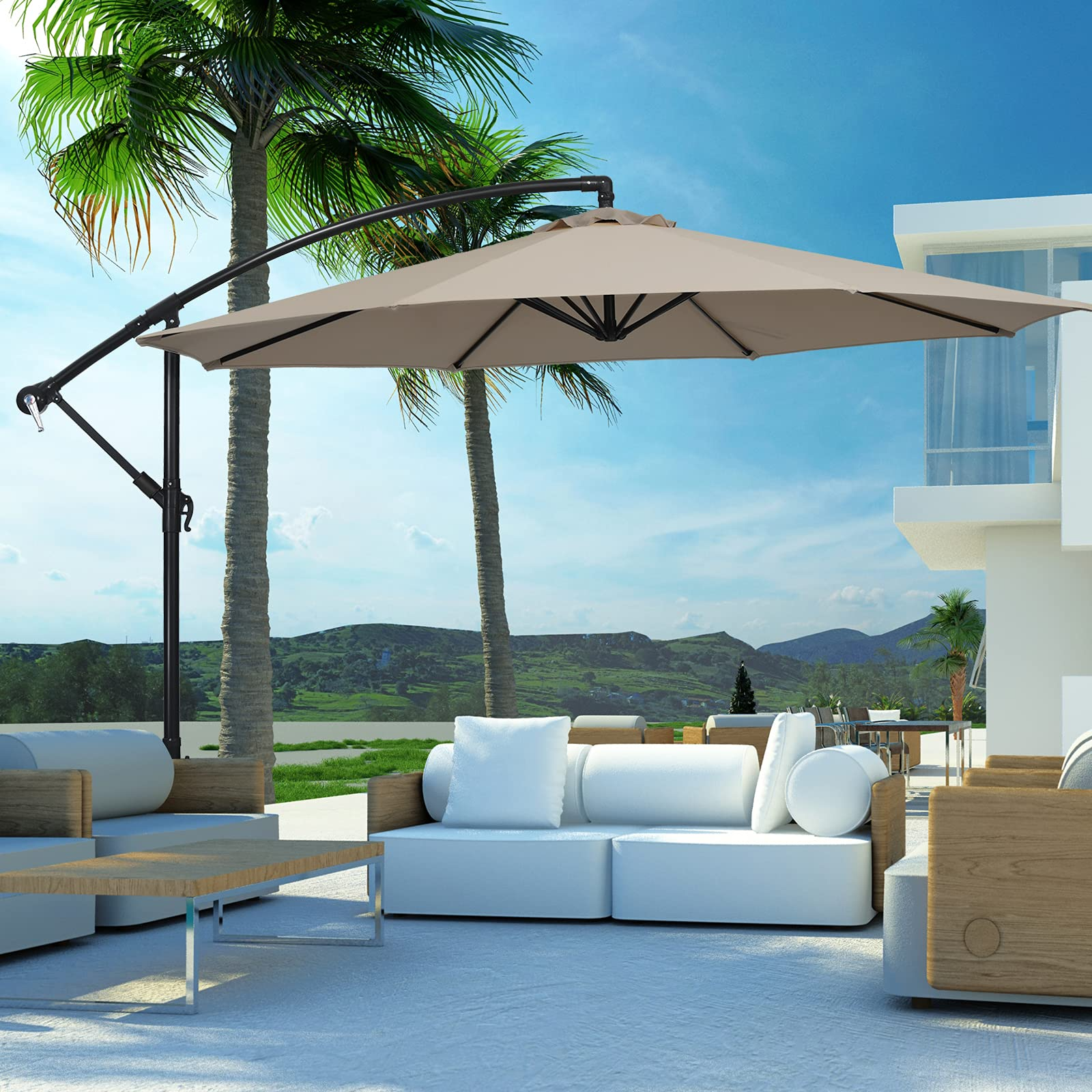 Giantex 10FT Patio Offset Umbrella, 8 Ribs Cantilever Umbrella Outdoor w/Crank, Cross Base