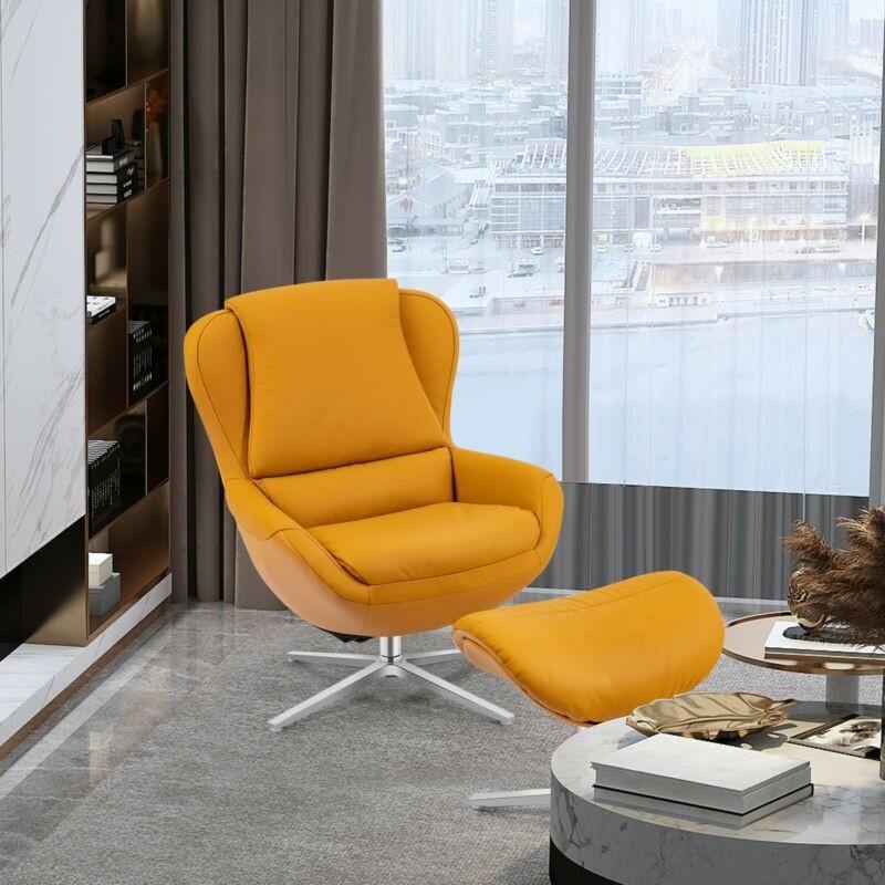 360 Swivel Leather Lounge Chair with Ottoman - Giantexus