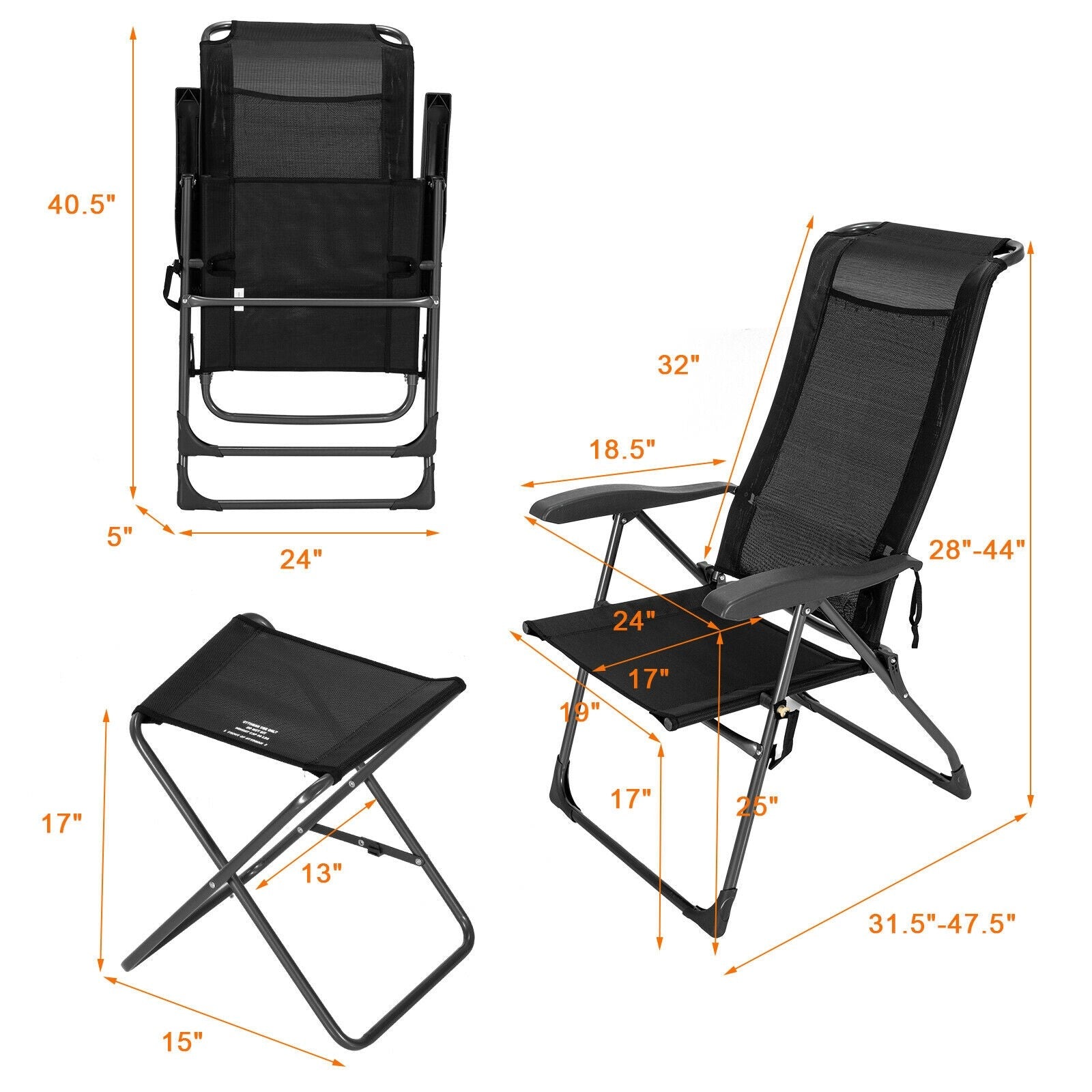 Giantex 2 Pcs Folding Patio Chairs, 2 PCS Footrest, Portable Sling Chairs (Black)