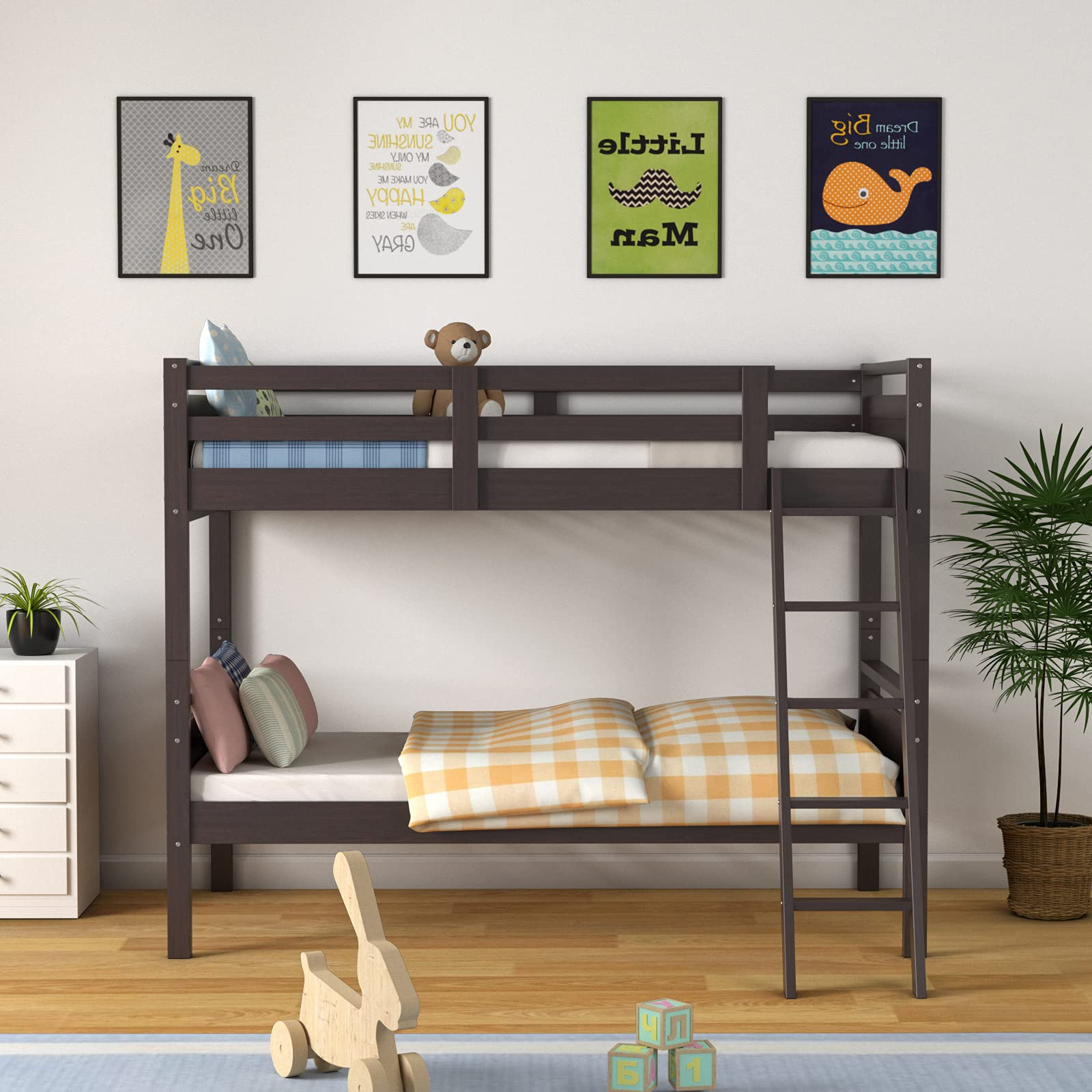 Giantex Twin Over Twin Bunk Bed, Solid Wood Twin Bunk Bed Convertible Into Two Individual Beds