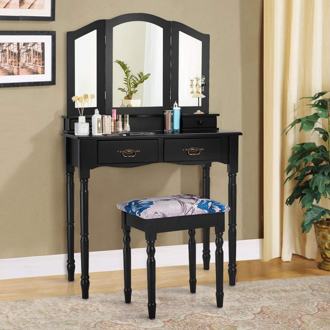 Giantex Modern Bedroom Bathroom Makeup Vanity Desk with Cushioned Stool for Girls Women