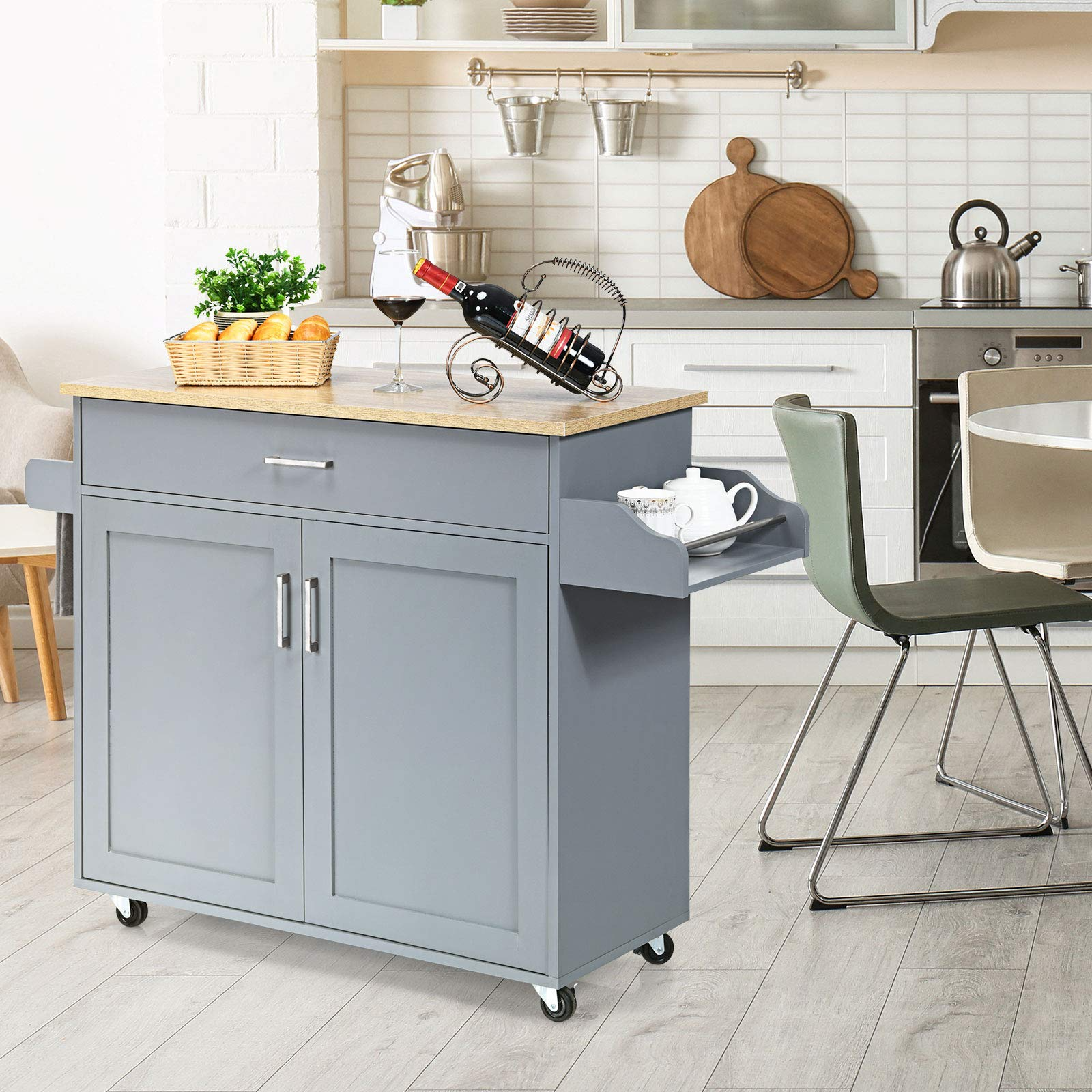 Giantex Kitchen Island, Rolling Kitchen Cart with Spice and Towel Rack, Large Drawer & 2-Door Storage Cabinet