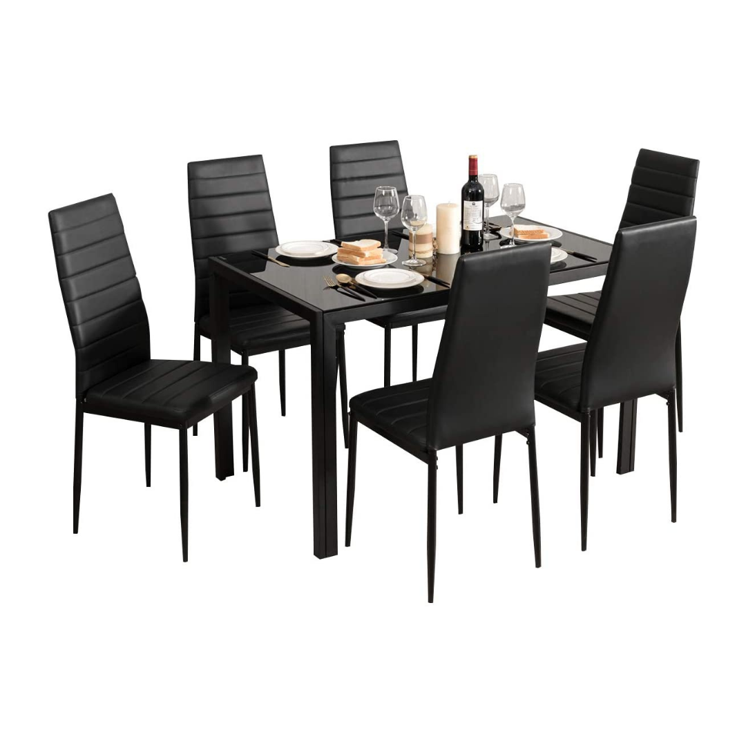 Giantex Kitchen Dining Table Set, Glass Tabletop Dining Room Set with Leather Padded 6 Chairs, Black