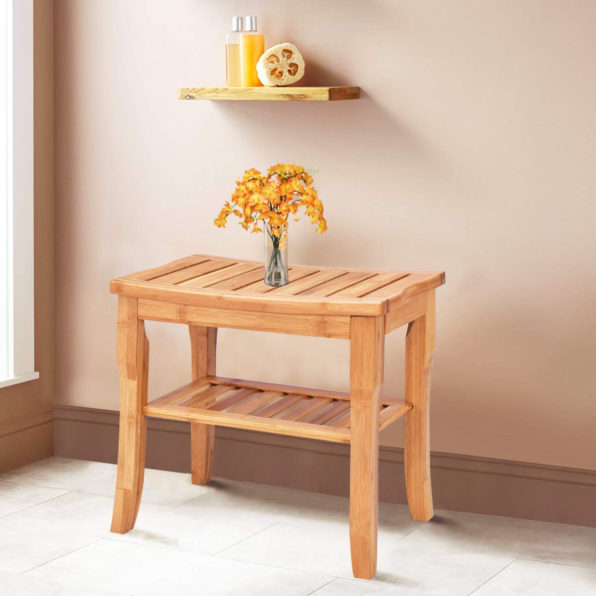 Bamboo Shower Bench Seat with Storage Shelf - Giantexus