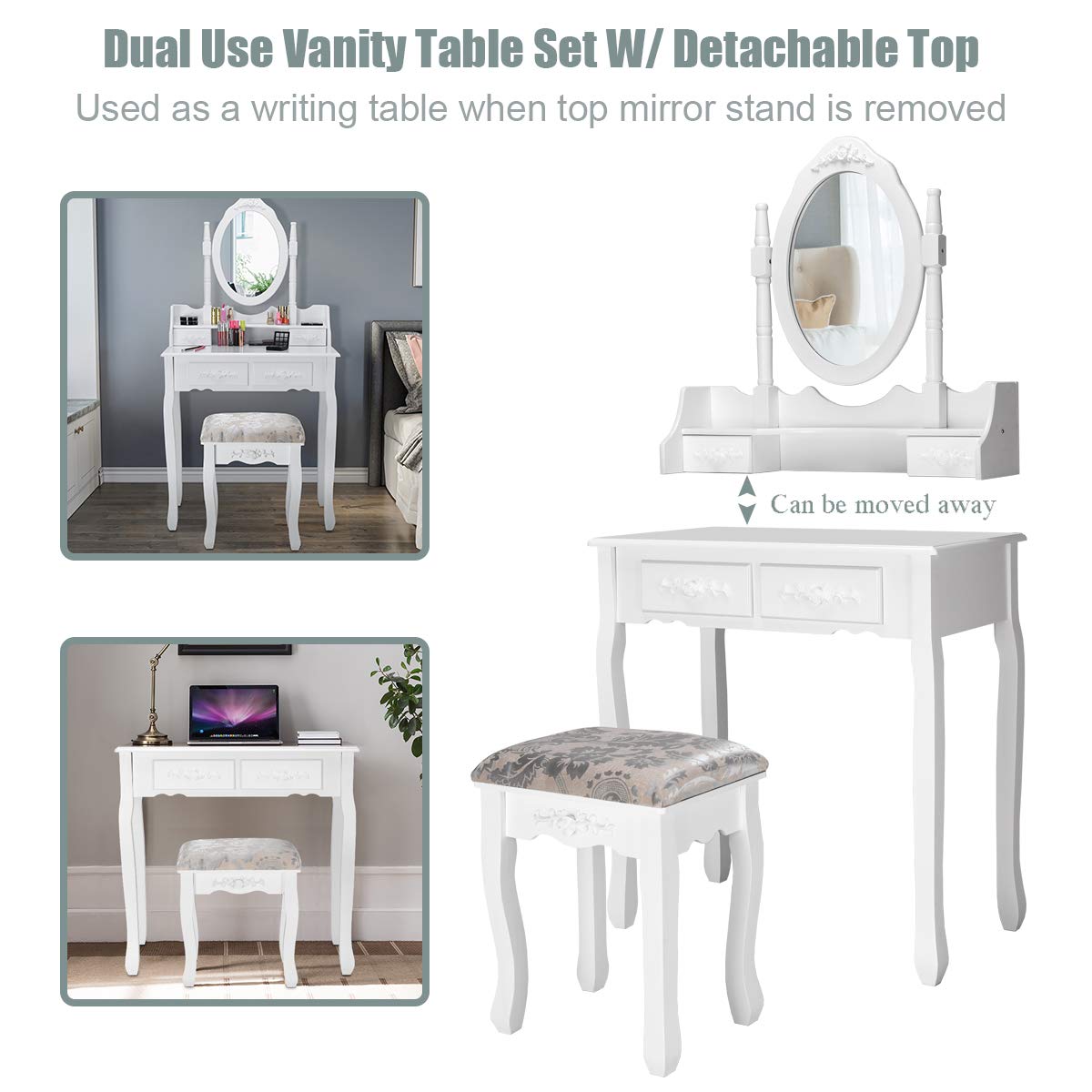 Giantex White Vanity Table Set with Oval Mirror and 4 Drawers