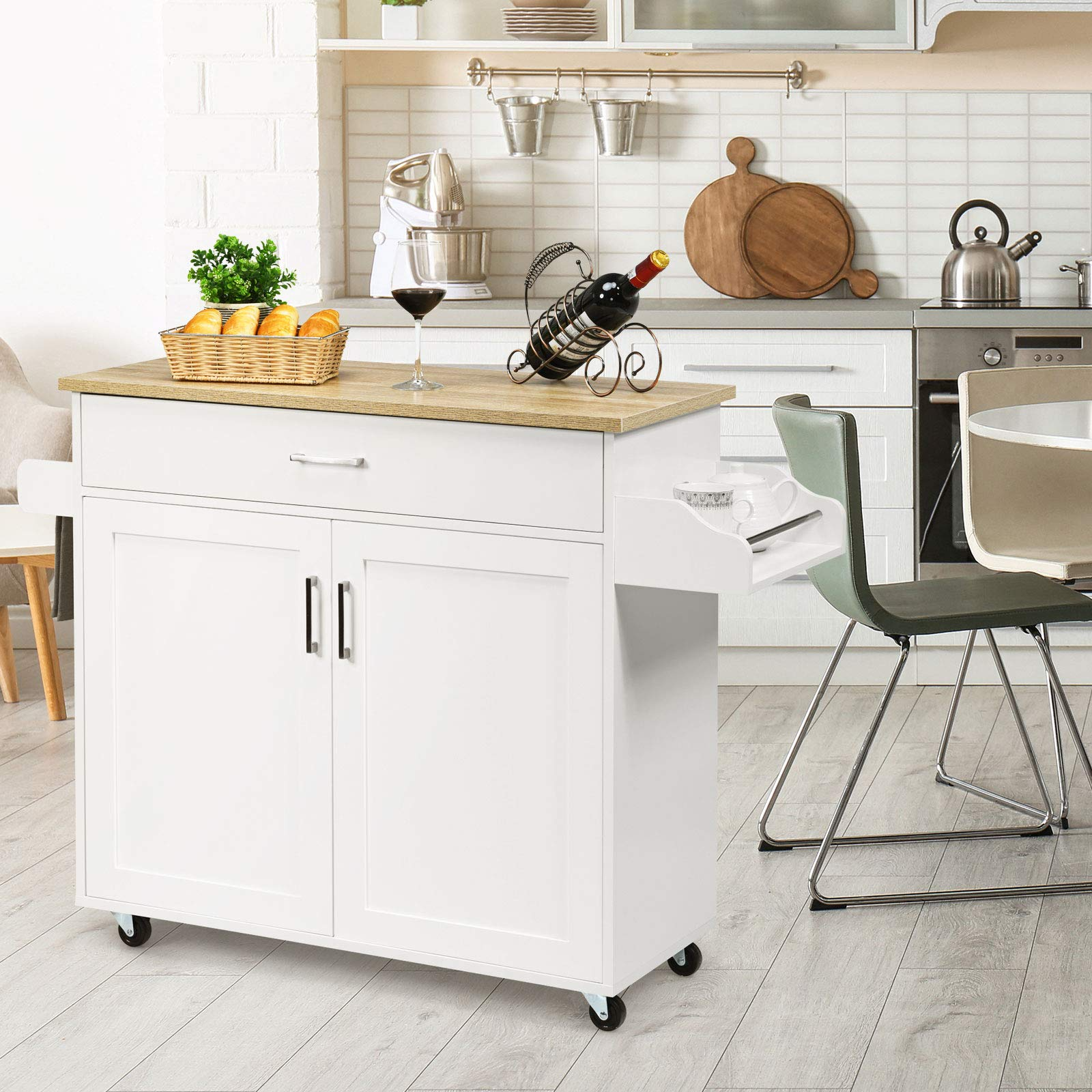 Giantex Kitchen Island, Rolling Kitchen Cart with Spice and Towel Rack, Large Drawer & 2-Door Storage Cabinet