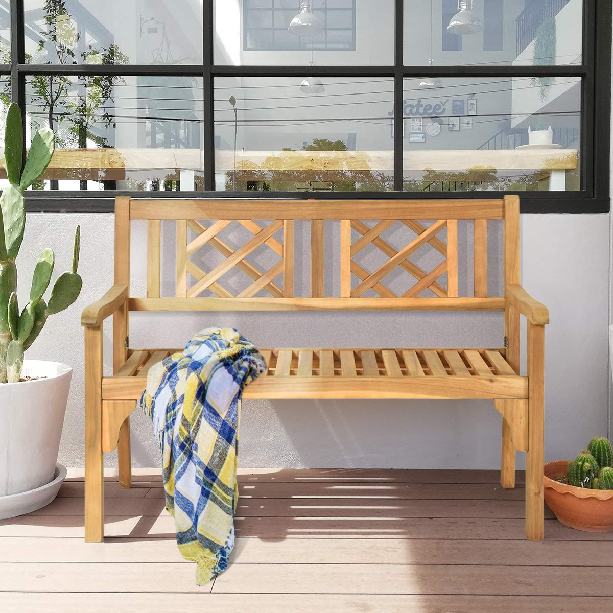 Giantex Patio Wooden Bench, 4 Ft Foldable Acacia Garden Bench (Teak)