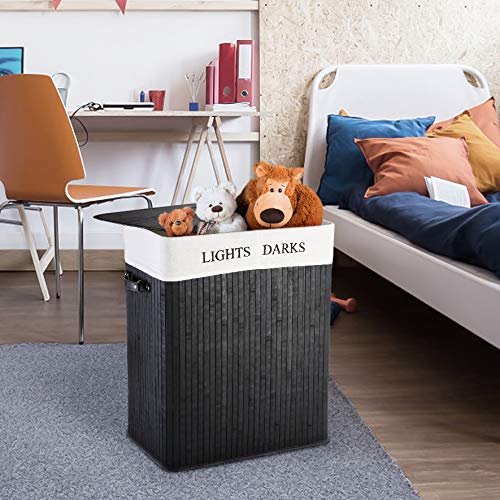 Giantex Double Laundry Hamper Bamboo Foldable Rectangle Hamper with Lid
