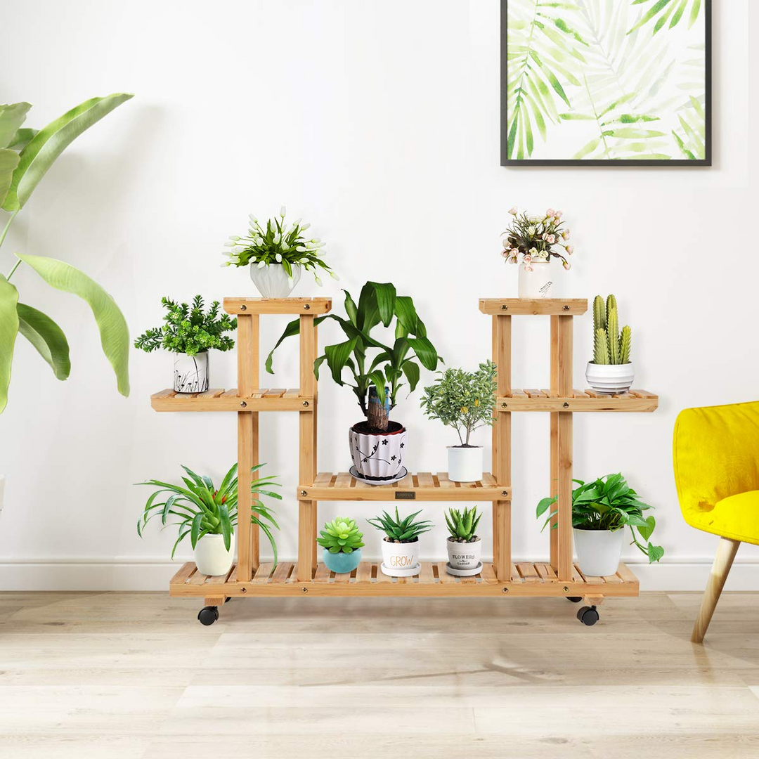 Giantex Rolling Flower Rack Wood Plant Stand on Wheels