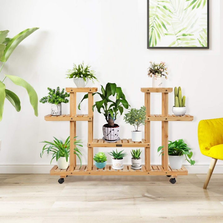 Giantex Rolling Flower Rack Wood Plant Stand on Wheels