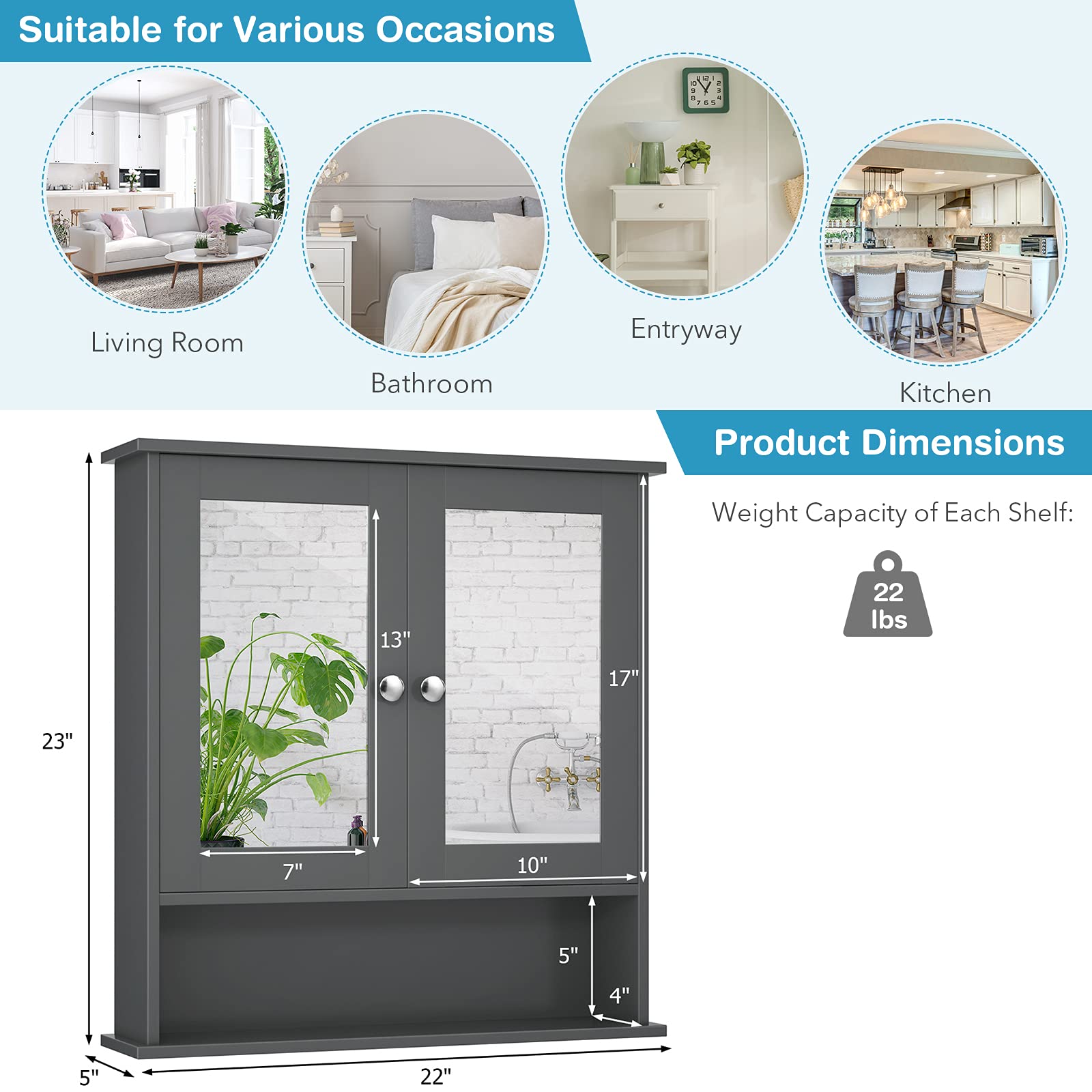 Bathroom Wall Cabinet with 2 Mirror Doors and Adjustable Shelf