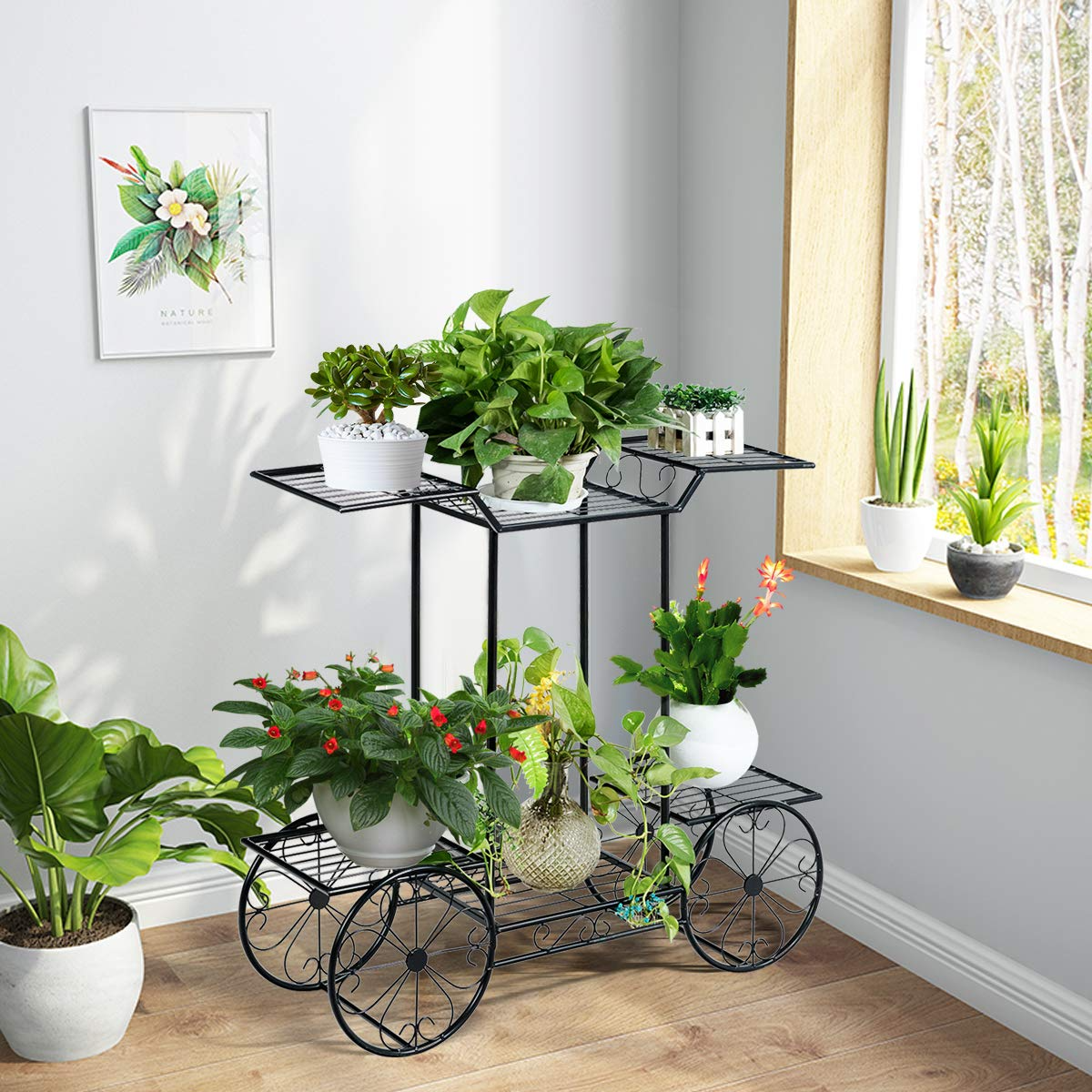 Giantex Garden Cart Metal Plant Stand with 4 Decorative Wheels
