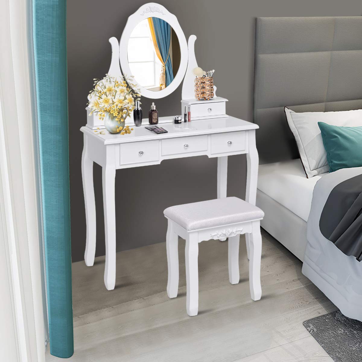 Giantex Makeup Dressing Table Large Storage with 5 Drawers