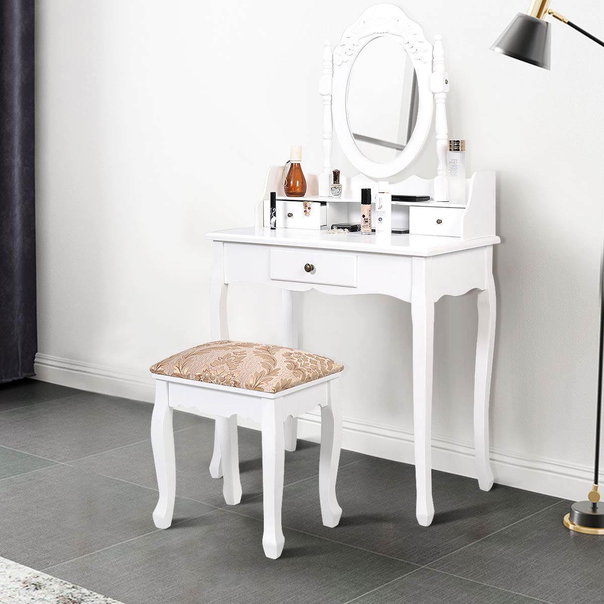 Giantex Bedroom Bathroom Makeup Table with Rotatable Mirror for Girls Women (White)