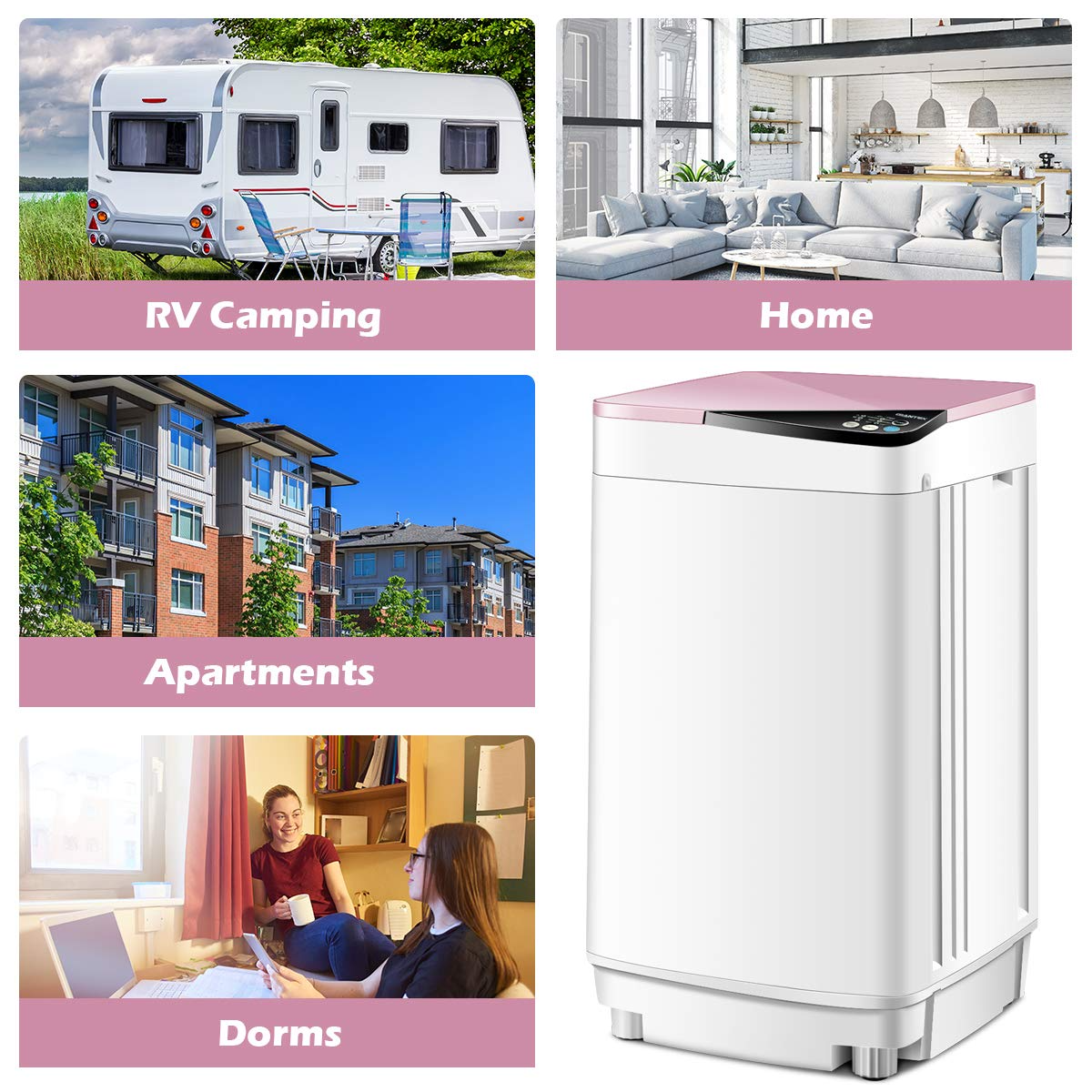 7.7 lbs Compact Full-Automatic Laundry Washing Machine (Pink)