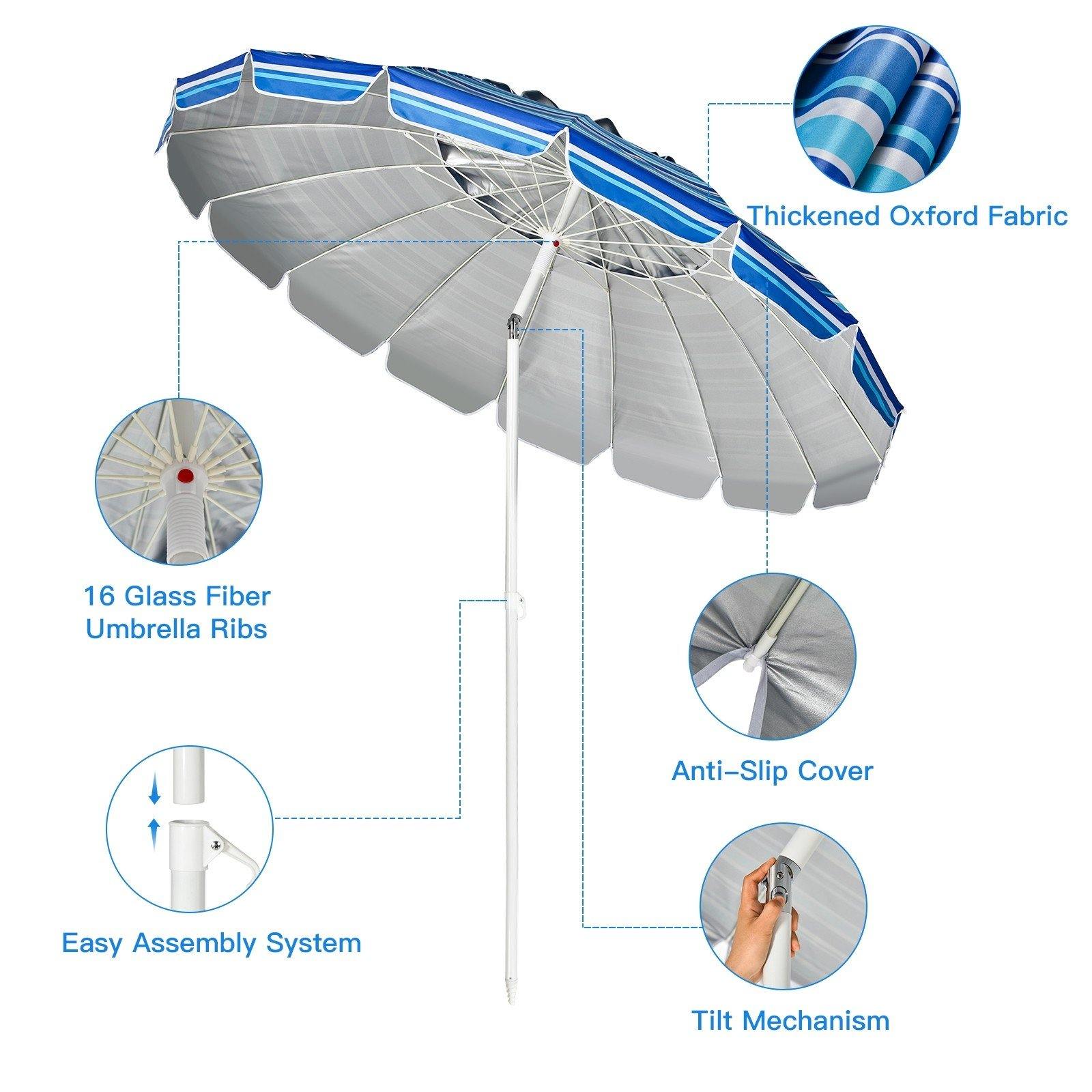 8 Ft Beach Umbrella, Patio Sunshade Umbrella with Sand Anchor & Tilt Mechanism, 16 Fiberglass Ribs - Giantexus