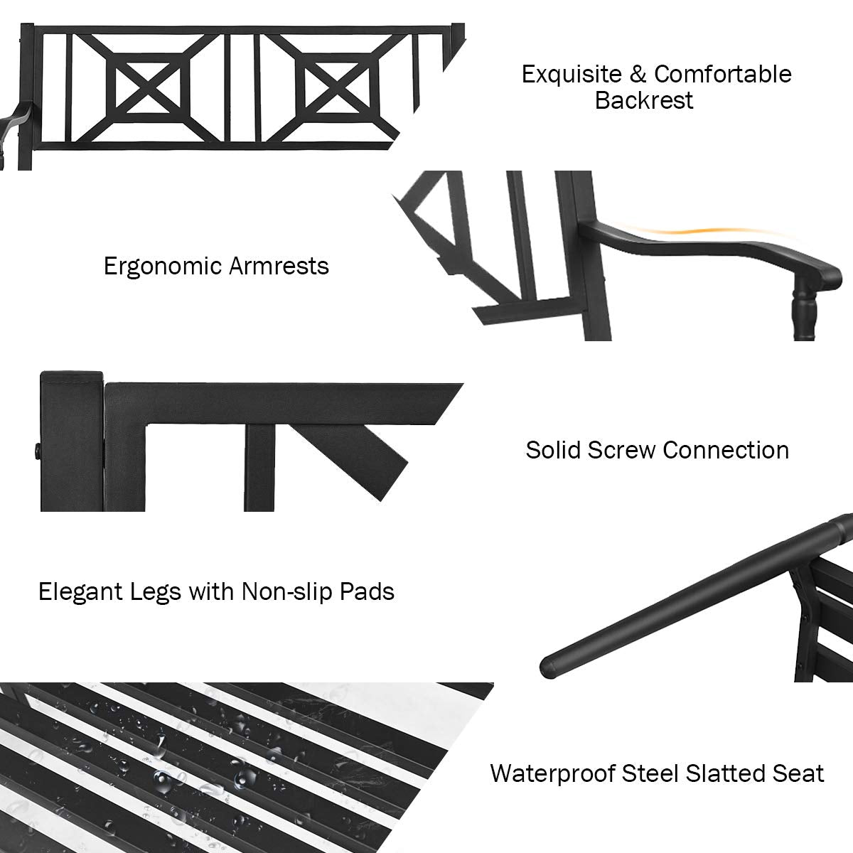 Giantex Elegant Loveseat w/Decorative Backrest & Ergonomic Armrest for Outdoor Garden, Backyard, Lawn, Porch, Path (Black)