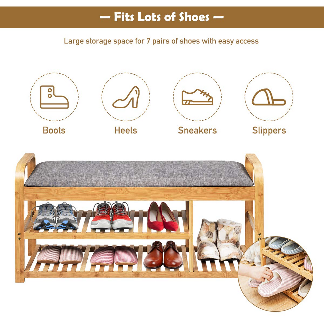 Giantex Shoe Rack Bench, Entryway 3-Tier Bamboo Shoe Organizer with Cushion (Natural and Grey)