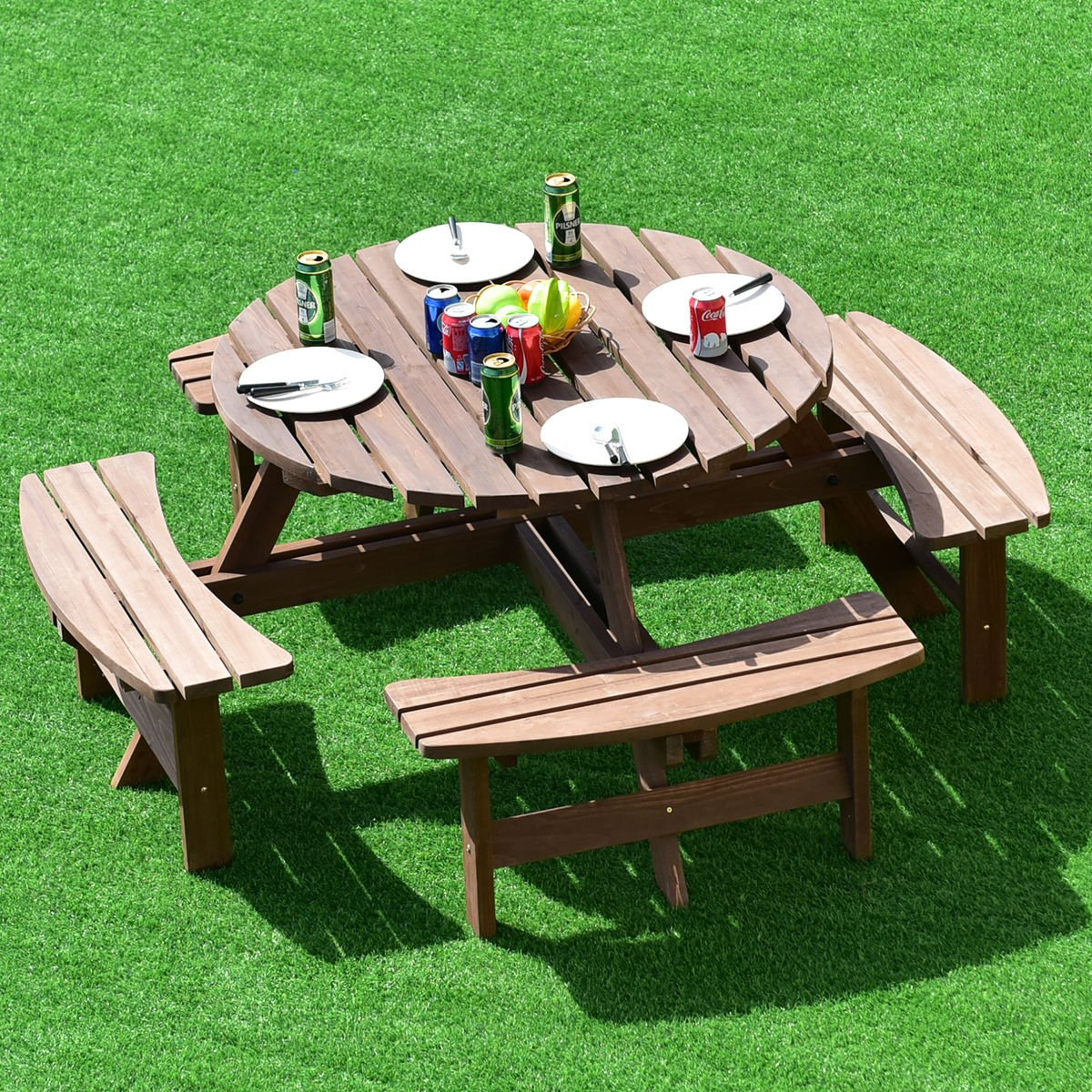 Giantex Wooden Picnic Table Set with Wood Bench, 4 Adults or 8 Kids Outdoor Round Table with Umbrella Hold Design