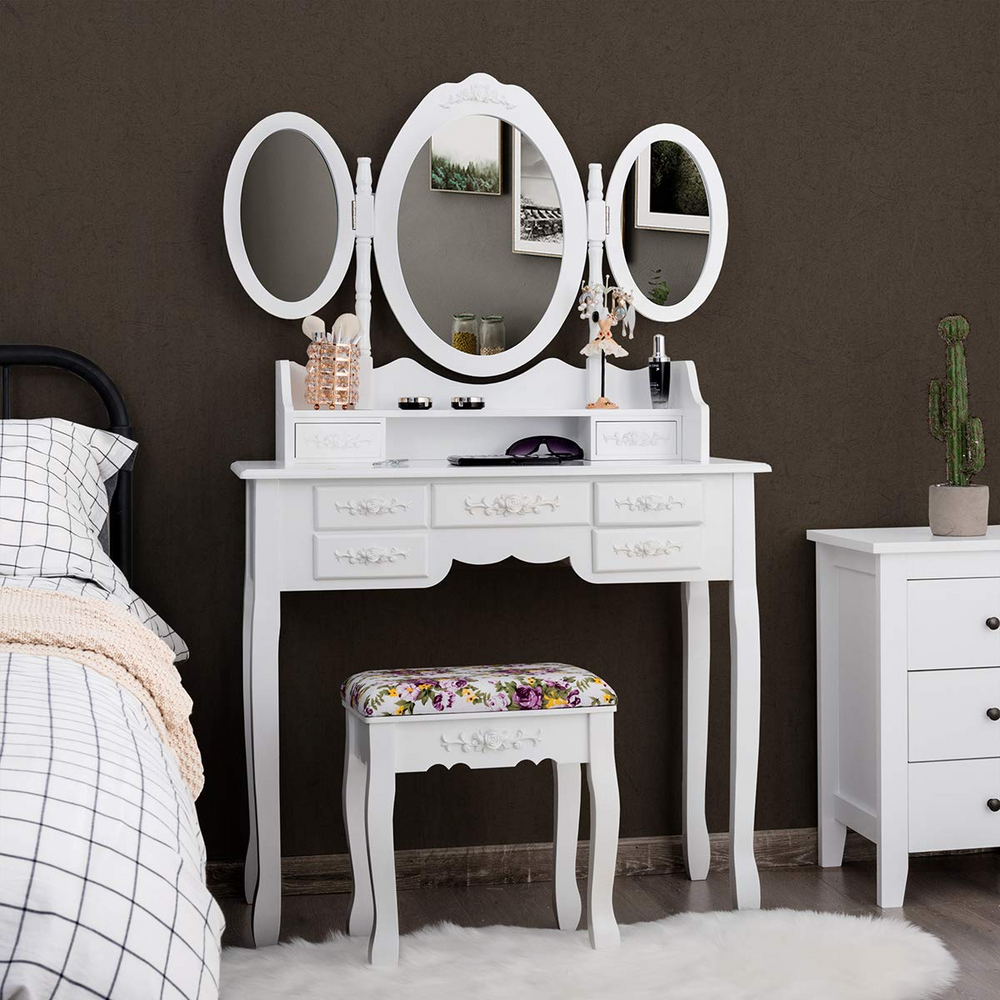 Vanity Set with Tri-Folding Mirror and Cushioned Stool - Giantex
