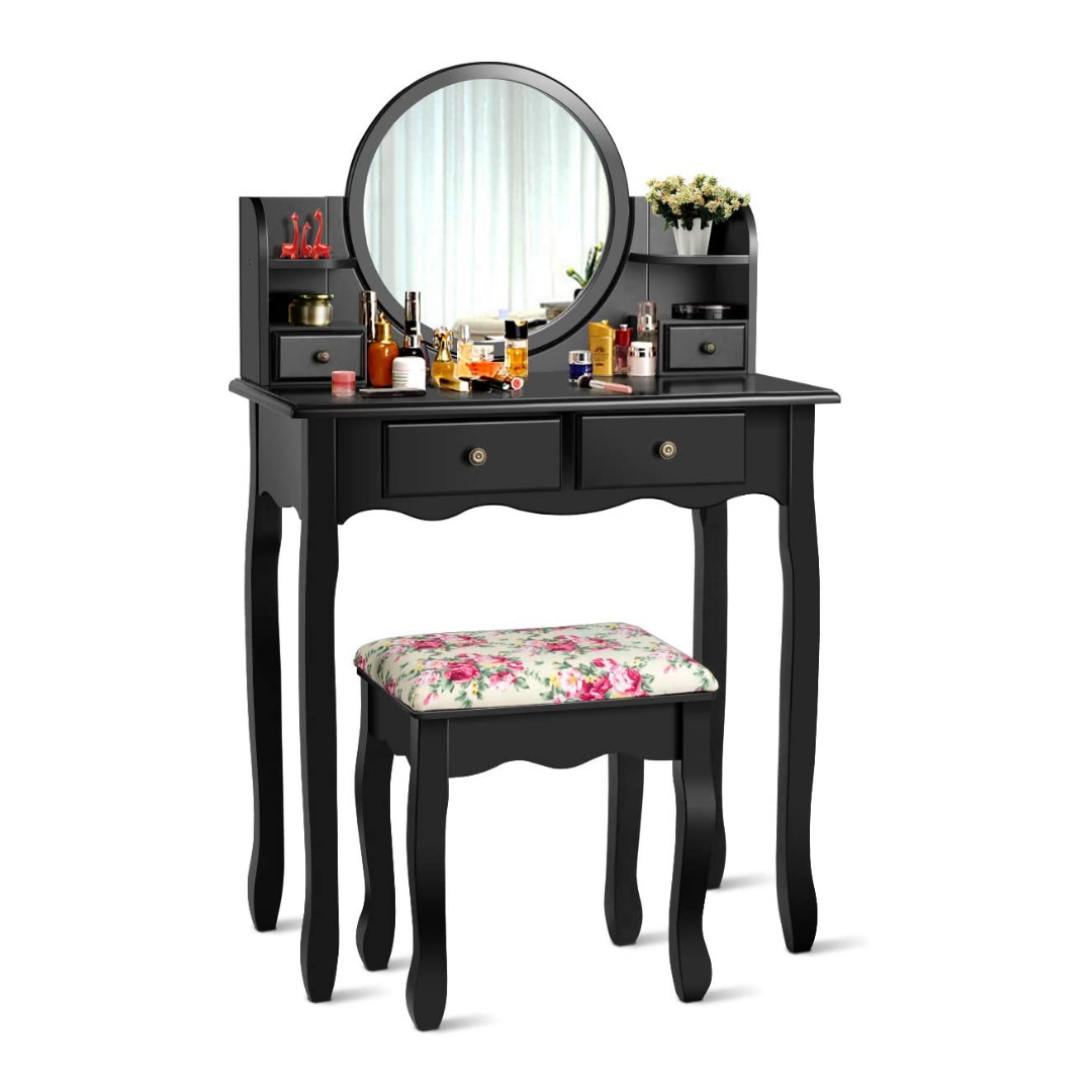 CHARMAID | Vanity Set with 4 Storage shelves and 4 Drawers, Makeup Table with 360?? Pivoted Round Mirror and Makeup Organizers - Giantexus