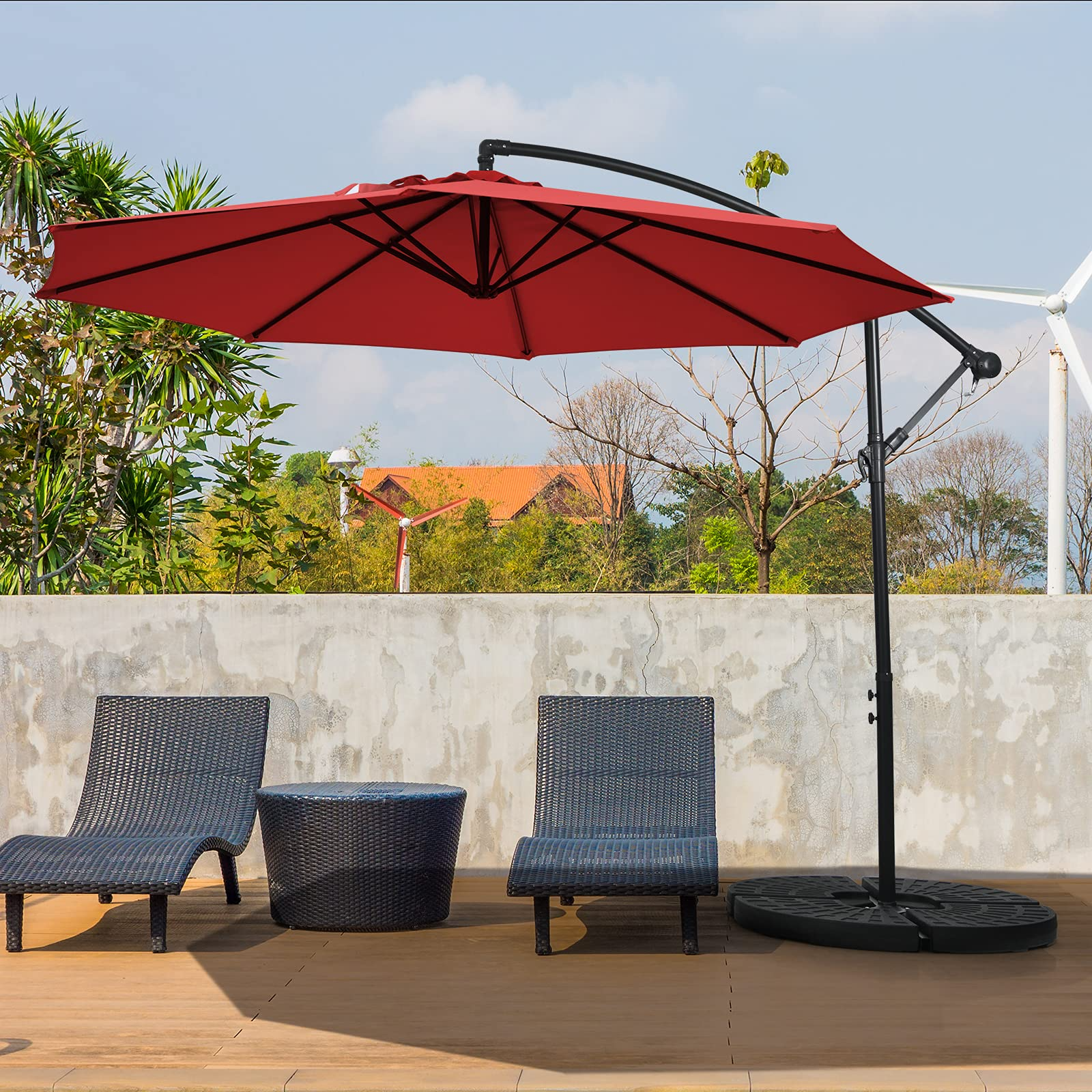 Giantex 10FT Patio Offset Umbrella, 8 Ribs Cantilever Umbrella Outdoor w/Crank, Cross Base