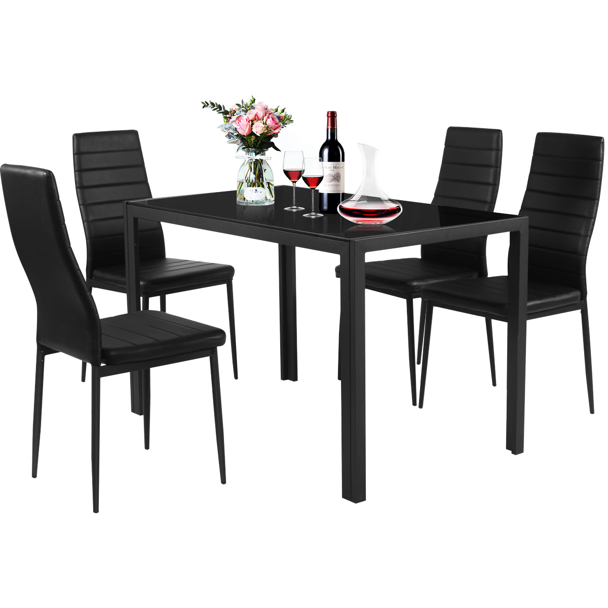 5 Piece Kitchen Dining Table Set with Glass Table Top Leather Padded 4 Chairs (Black) - Giantexus