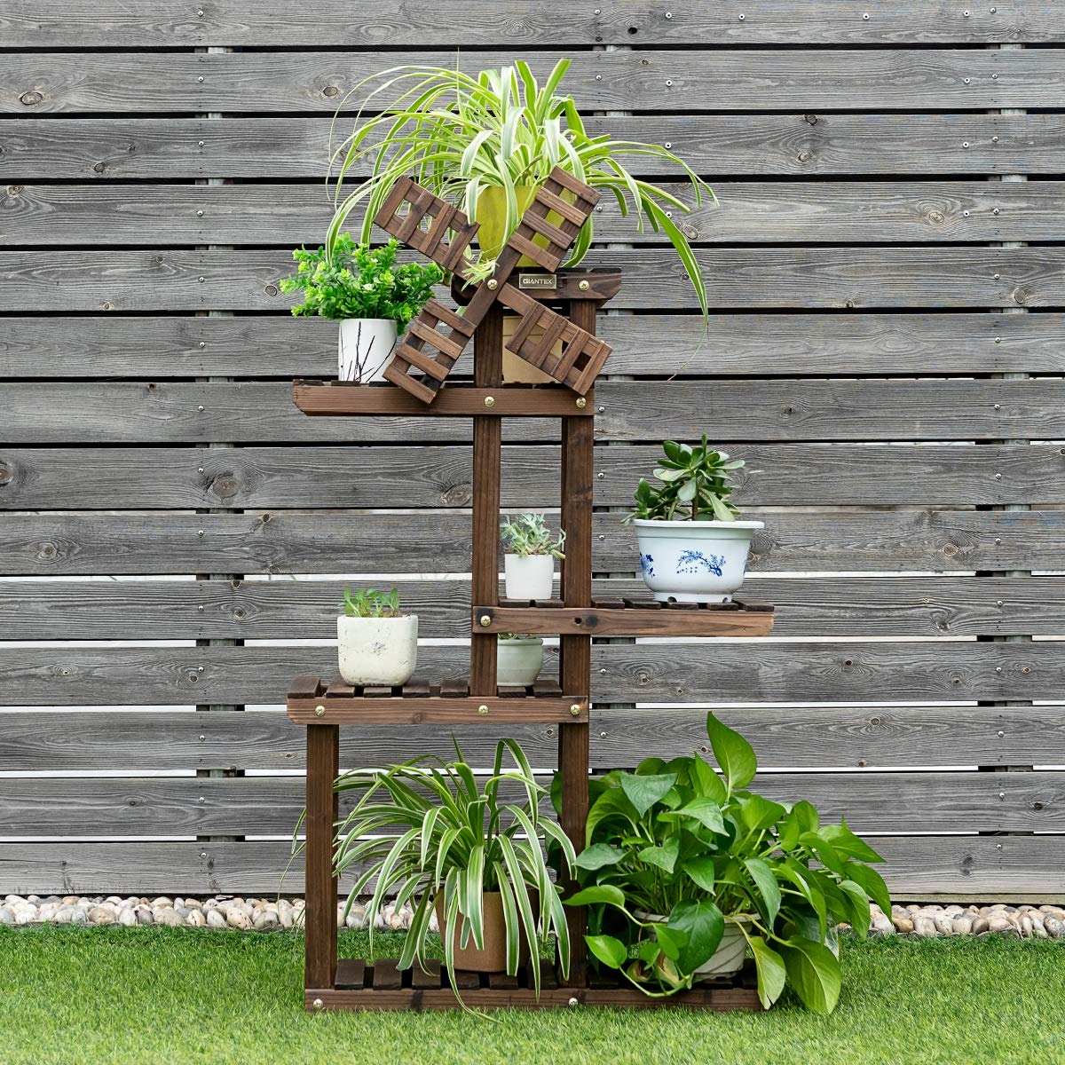 Giantex Wood Plant Stand with Windmill, 5 Tier Multiple Flower Pot Holder Display Shelf for Home Patio Garden Living Room