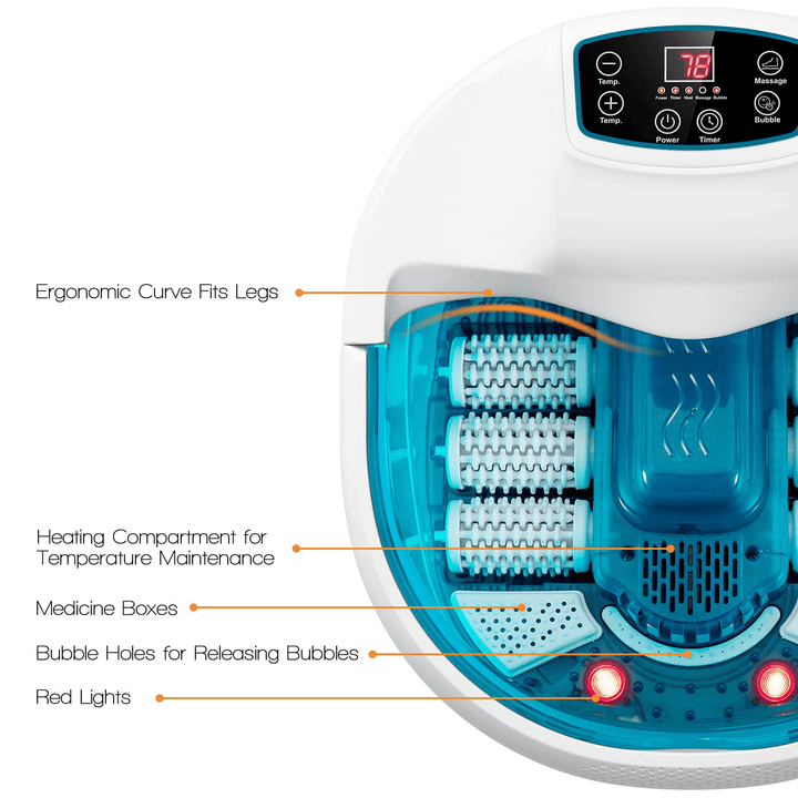 Giantex Foot Spa Bath Massager with Heat Bubbles, 6 Motorized Massage Rollers, Fast Heating, Red Light, Adjustable Temperature & Time (Blue/White) - Giantexus