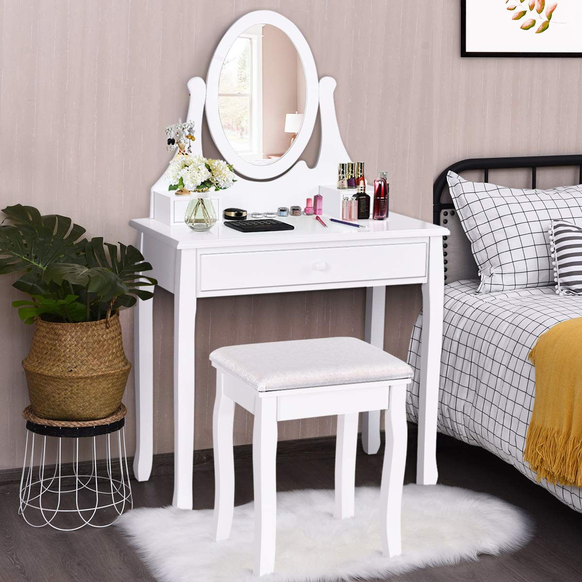 Giantex Vanity Set with Oval Mirror and Cushioned Stool