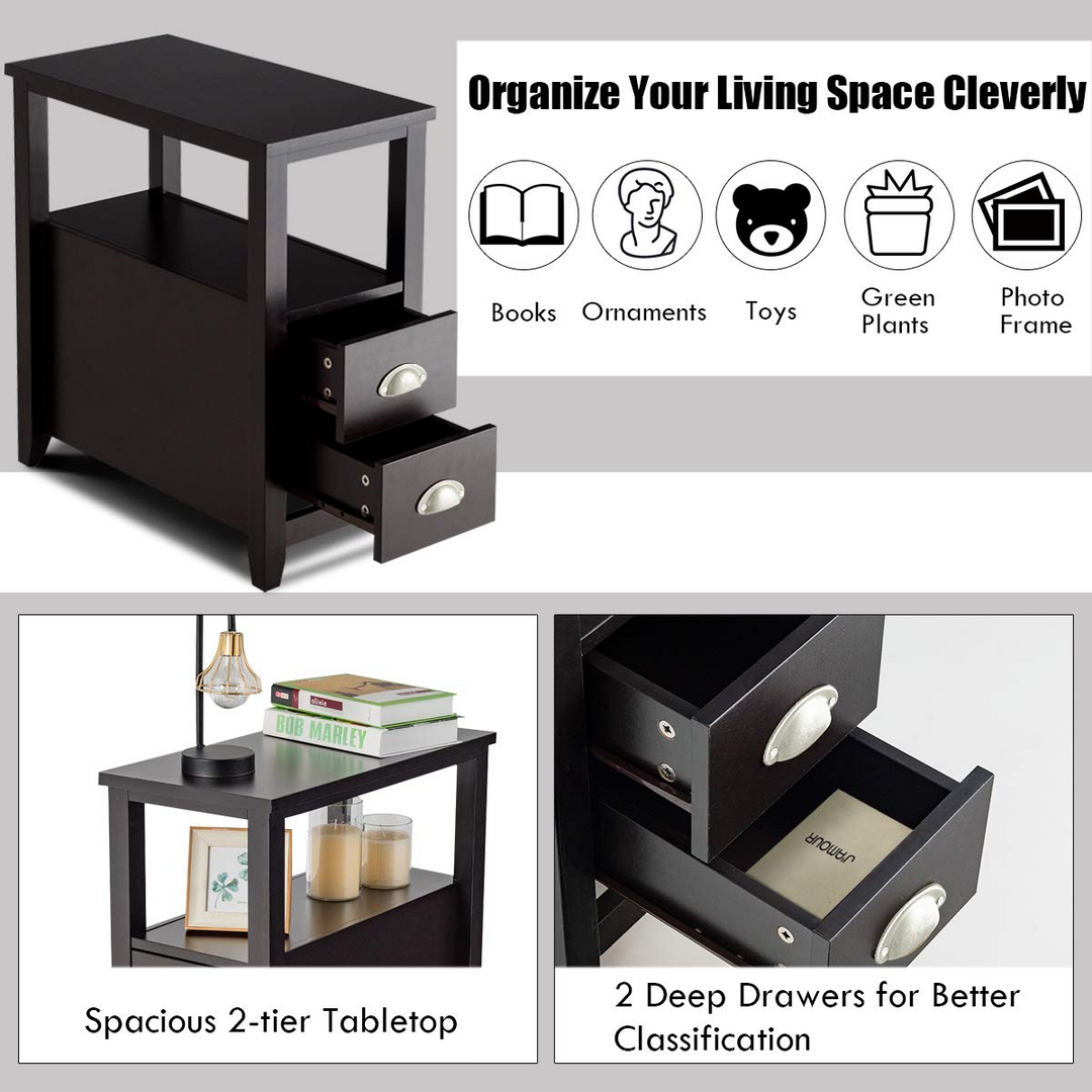 Giantex End Table Wooden W/ 2 Drawers and Shelf Space-Saving Rectangular Bedside Table